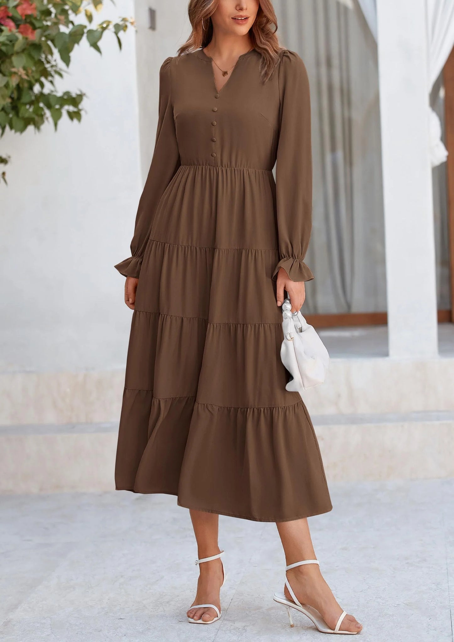 Women Fall Long Sleeve Smocked Maxi Dress Casual Square Neck Swiss Dot Tiered Ruffle Flowy Spring Pocket Dresses