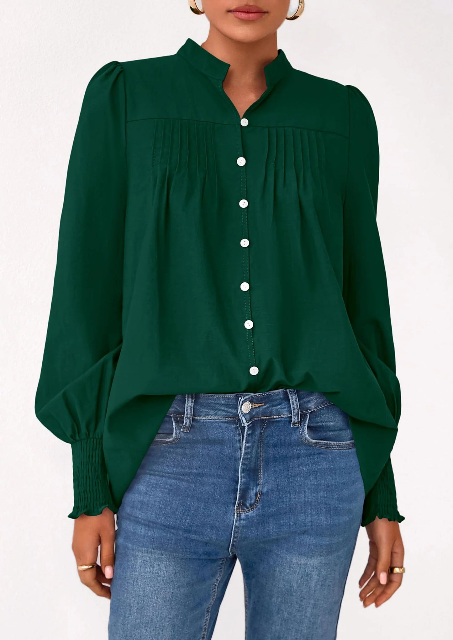 Womens Fall Lantern Long Sleeve Shirts Trendy Button V Neck Pleated Henley Tops Loose Work Blouses