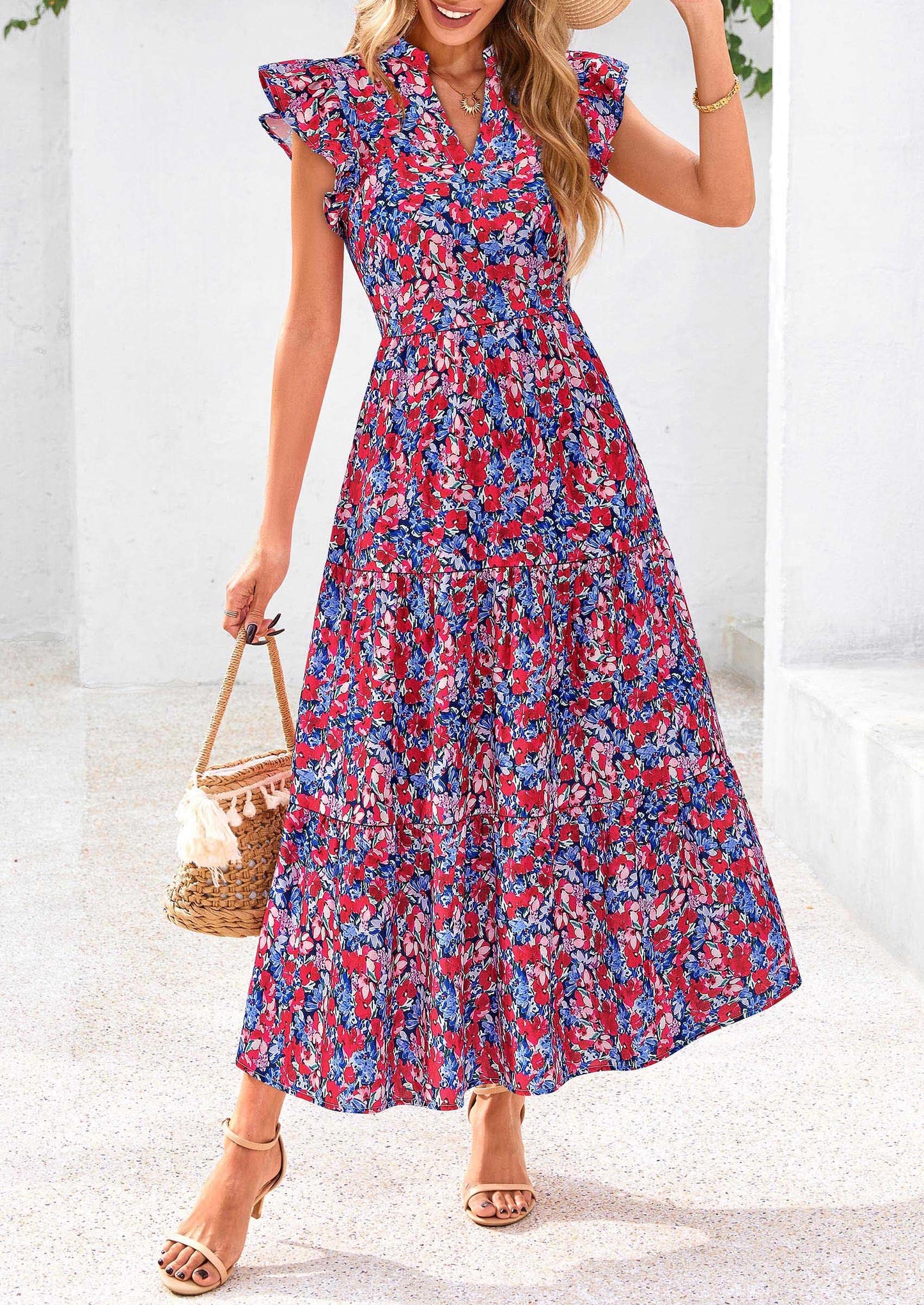 Women's Summer Floral Midi Dress Cap Sleeve V Neck Ruffle Long Flowy Boho Casual Beach Vacation Dresses