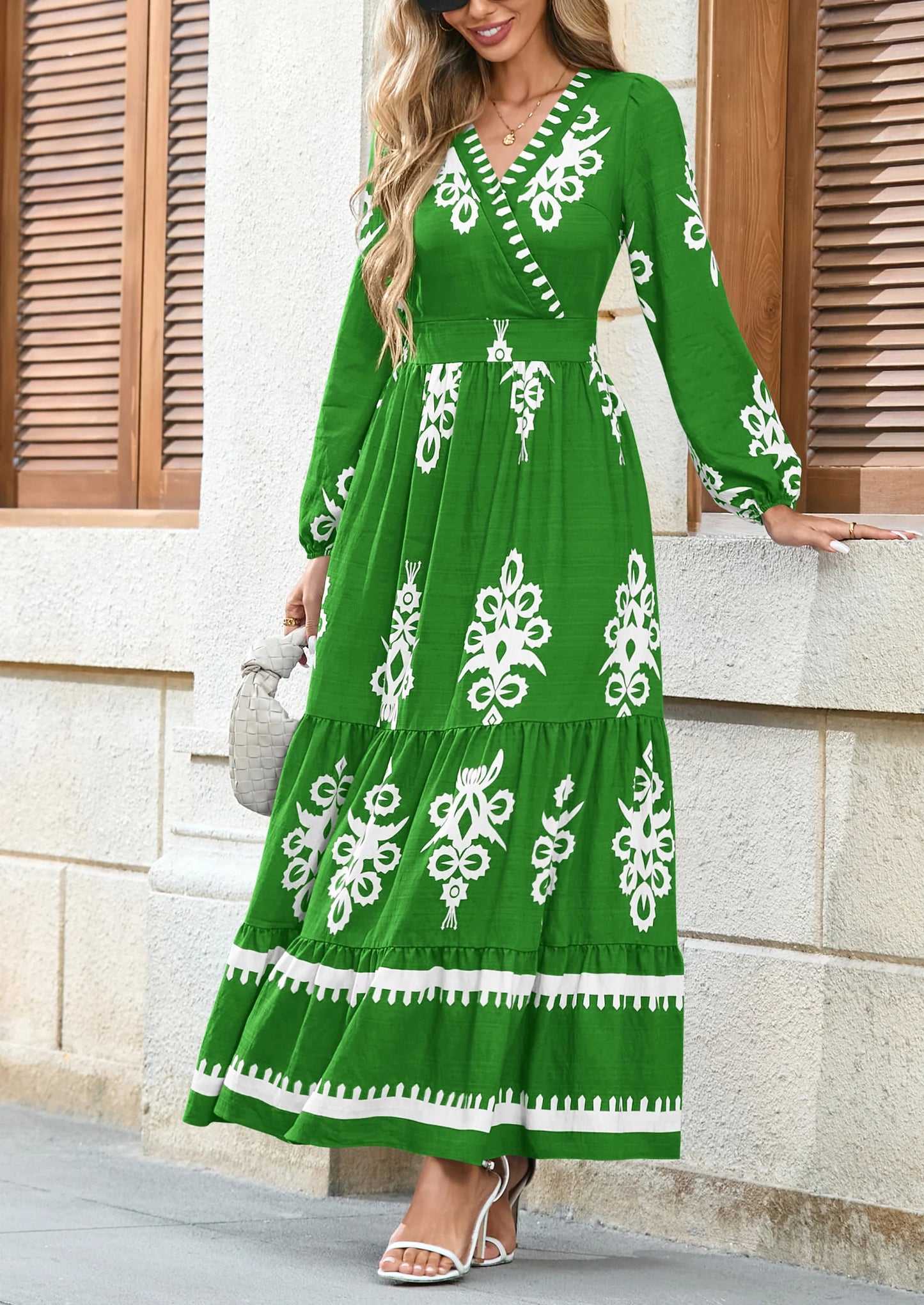 Women's Fall Wedding Guest Dresses Boho Floral Long Sleeve V Neck Flowy Elegant Maxi Dress Beach Clothes