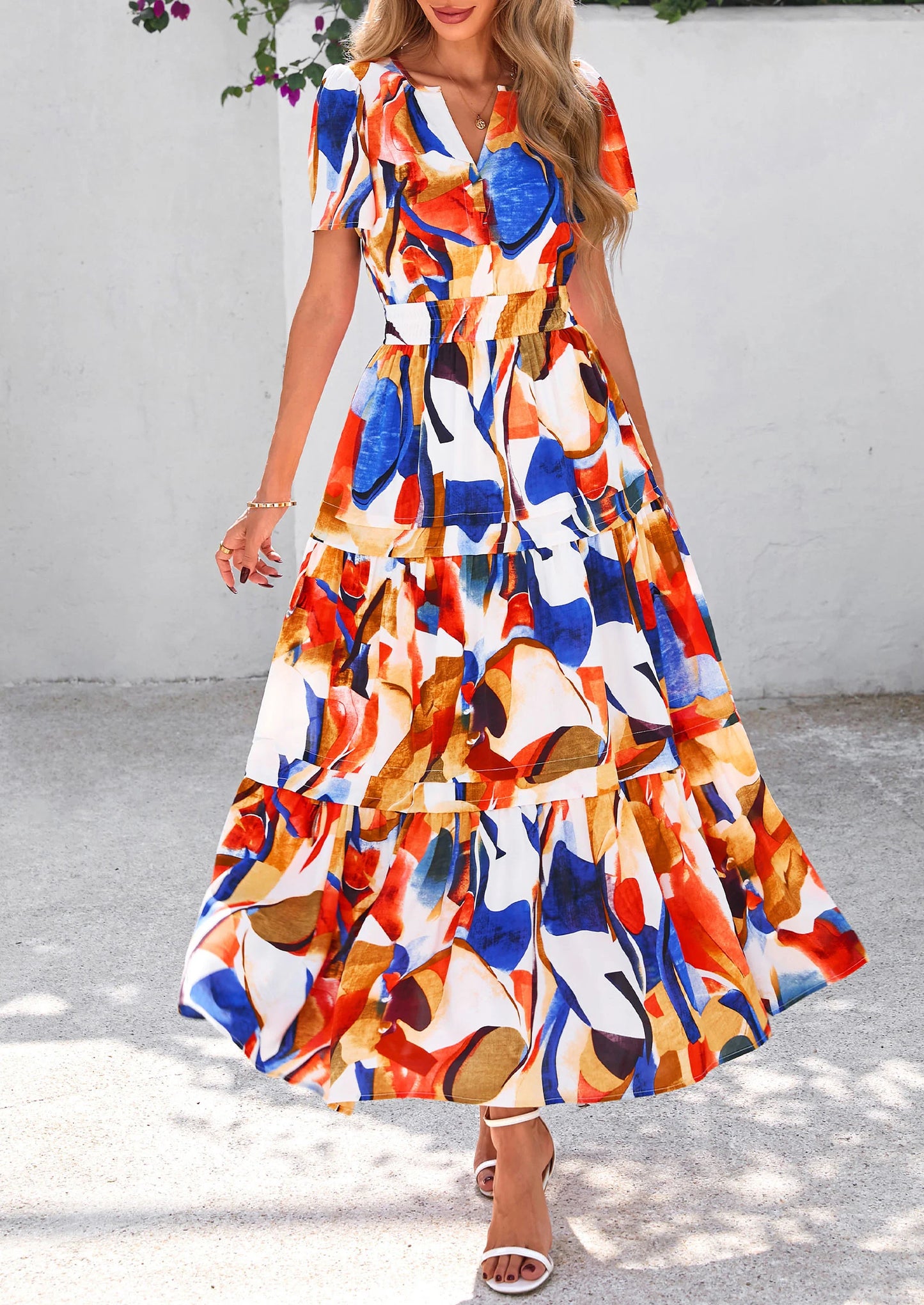 Women's Boho Maxi Dresses Floral Short Sleeve V Neck A Line Tiered Flowy Long Beach Vacation Dress