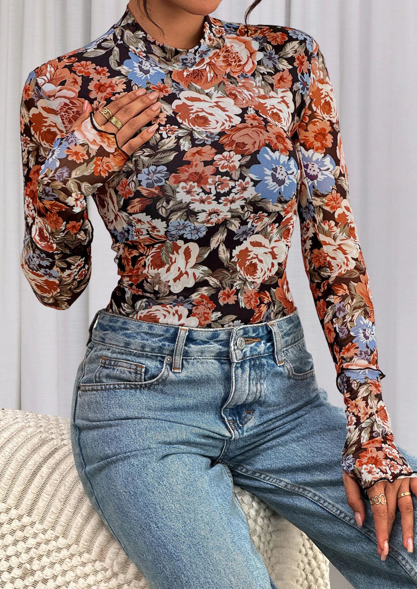 Womens Fall Mesh Floral Blouses Long Sleeve Going Out Tops Slim Fitted Shirts Date Night Outfits