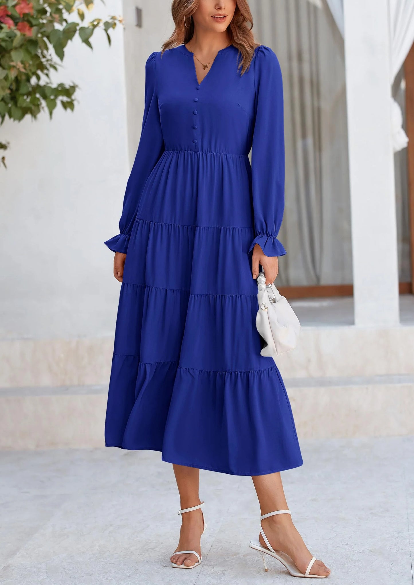Women Fall Long Sleeve Smocked Maxi Dress Casual Square Neck Swiss Dot Tiered Ruffle Flowy Spring Pocket Dresses