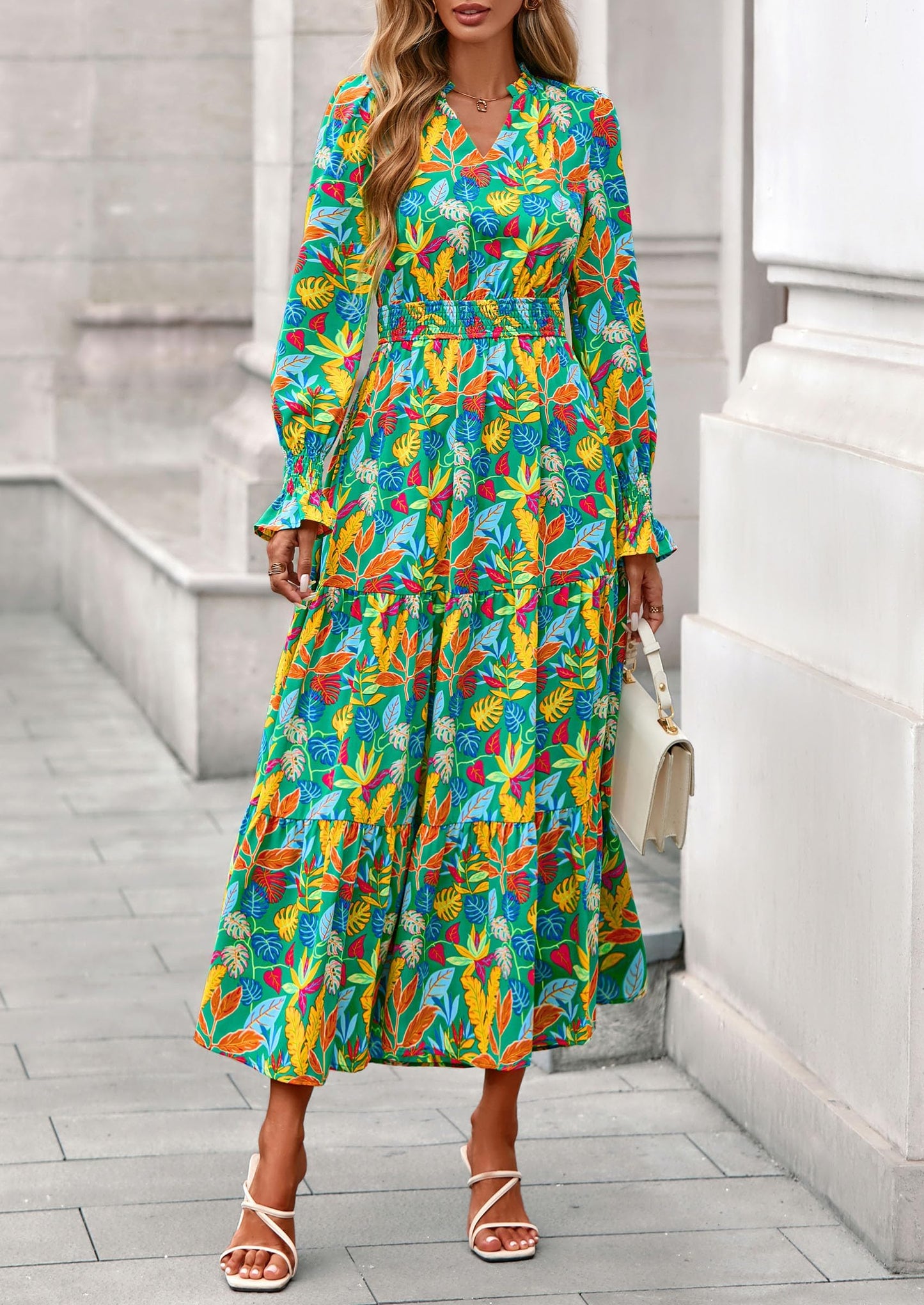 Women's Floral Maxi Dress Spring Long Sleeve V Neck Casual A Line Long Flowy Boho Party Dresses