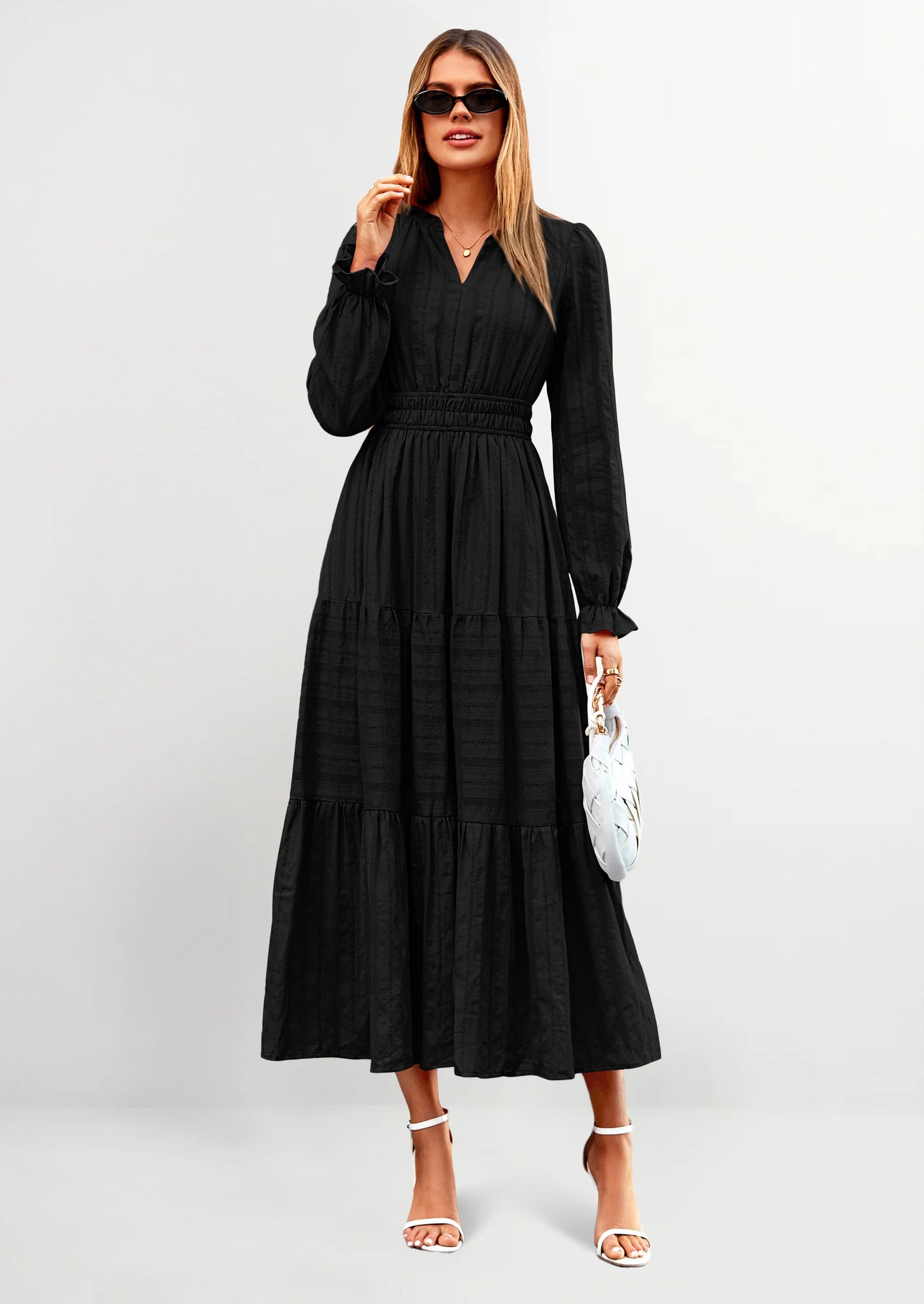 Women's Fall Wedding Guest Dresses Long Sleeve V Neck Flowy Elegant Holiday Party Maxi Dress with Pockets