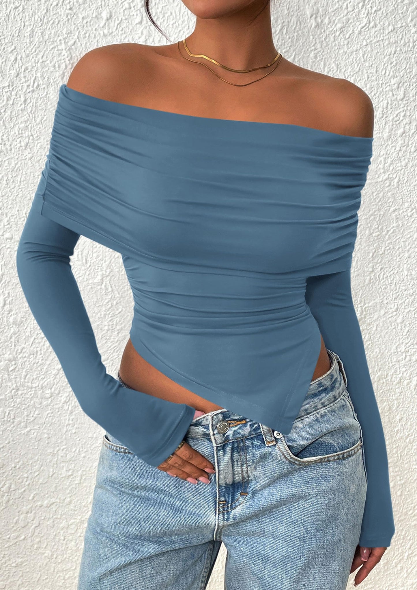 Women's Long Sleeve Shirts Off Shoulder Tops Going Out Slim Fitted Y2K Blouses Fall Fashion Clothes