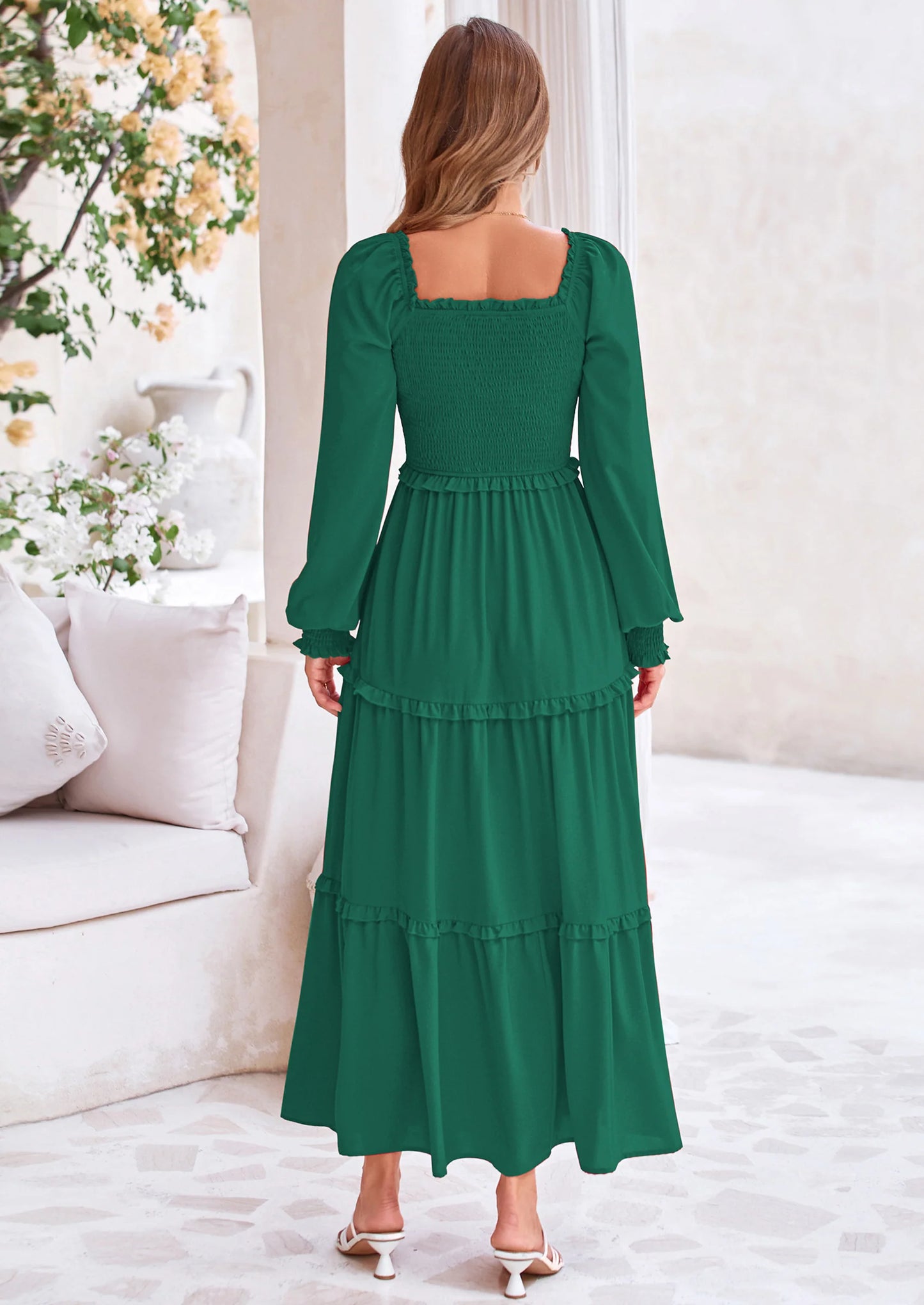 Fall Wedding Guest Dresses for Women Long Sleeve Square Neck Tiered A Line Modest Elegant Flowy Dresses