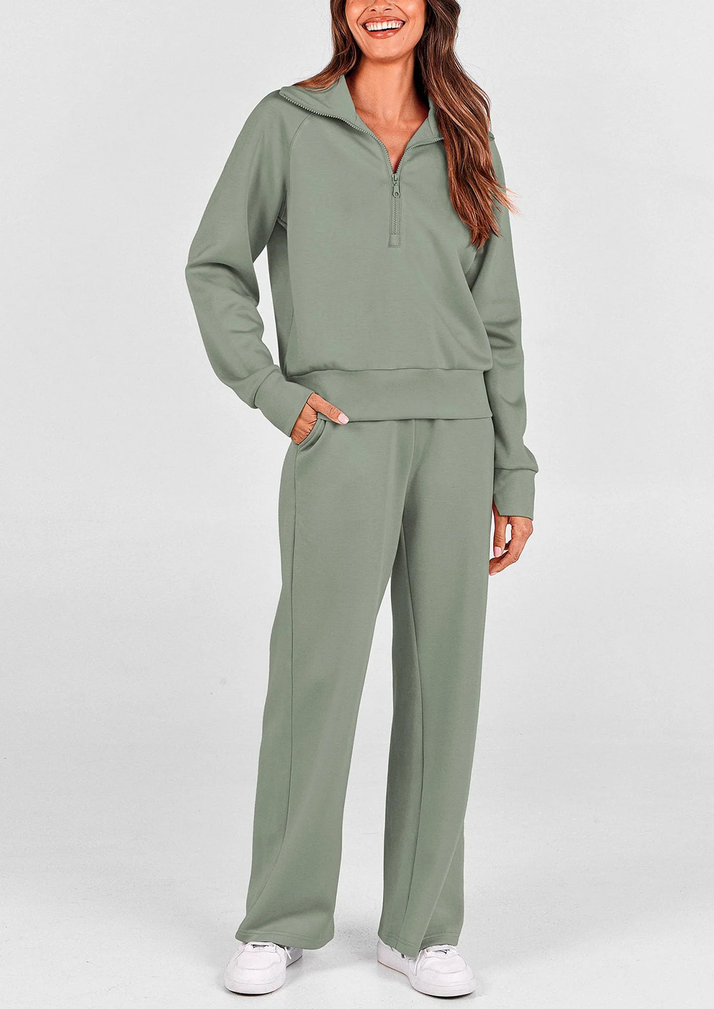 Women's 2 Piece Outfits Casual Lapel Half Zip Sweatshirts And Wide Leg Pants Tracksuit Sets