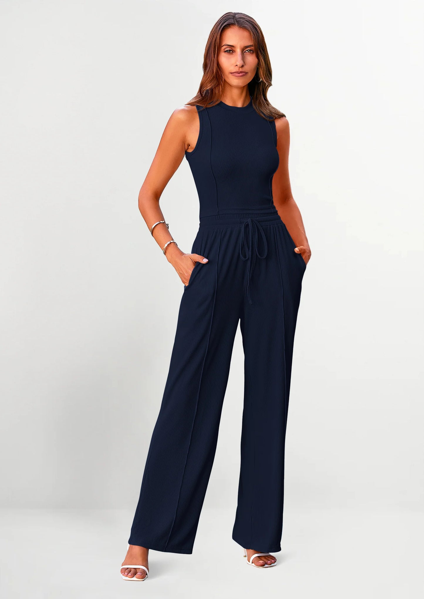 Women's Summer 2 Piece Loungewear Set Cropped Tank Top Wide Leg Sweatpants Tracksuit Casual Outfits