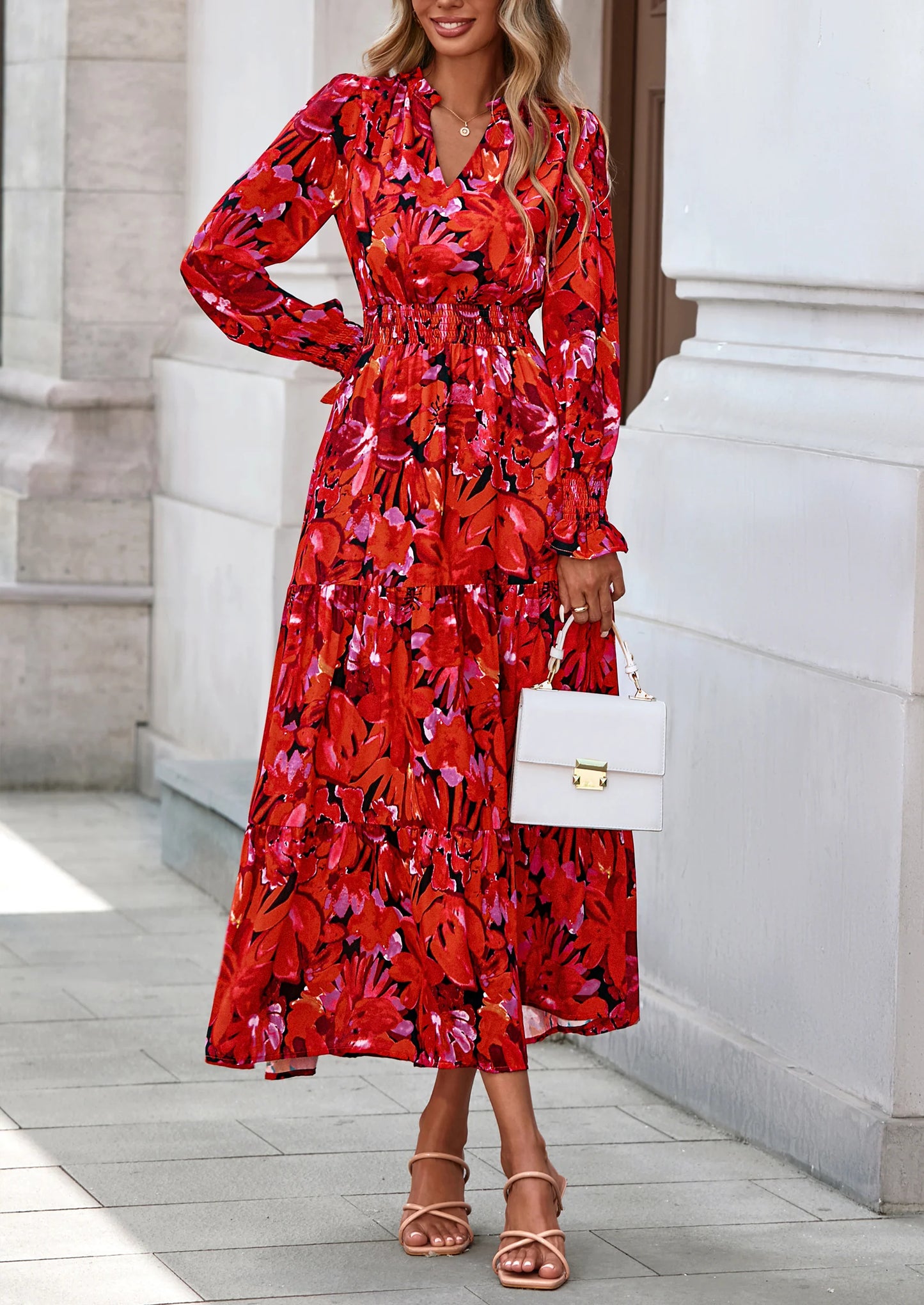 Women's Floral Maxi Dress Spring Long Sleeve V Neck Casual A Line Long Flowy Boho Party Dresses