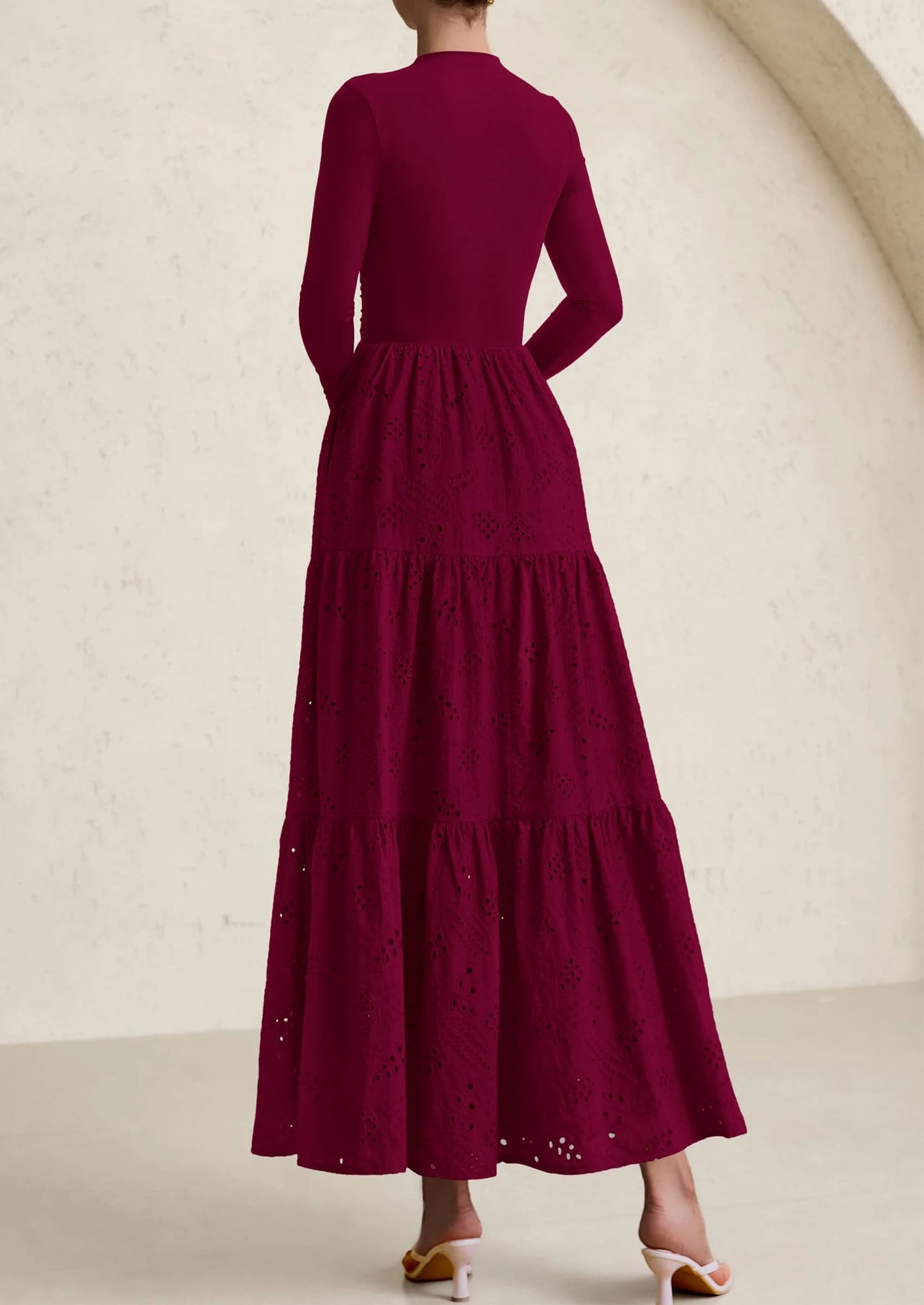 Long Sleeve Dress for Women Fall Eyelet Mock Neck A Line Elegant Classy Maxi Wedding Guest Dresses Pockets
