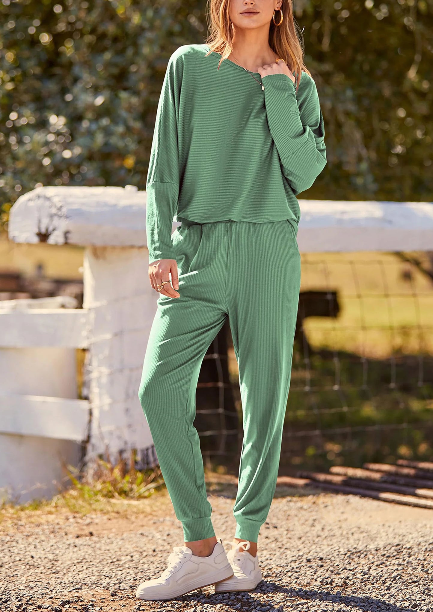 Women's Fall 2 Piece Lounge Set Long Sleeve Tops Ribbed Pants Spring Matching Sweatsuit Travel Outfits Clothes