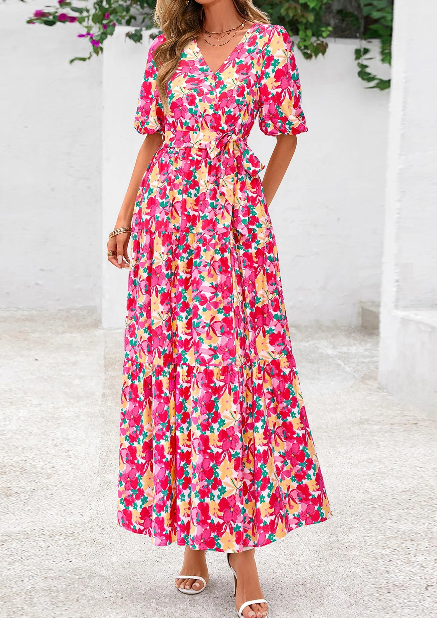 Women's Maxi Dress Resort Wear Boho Floral V Neck Puff Short Sleeve Ruffle Flowy Beach Long Dresses