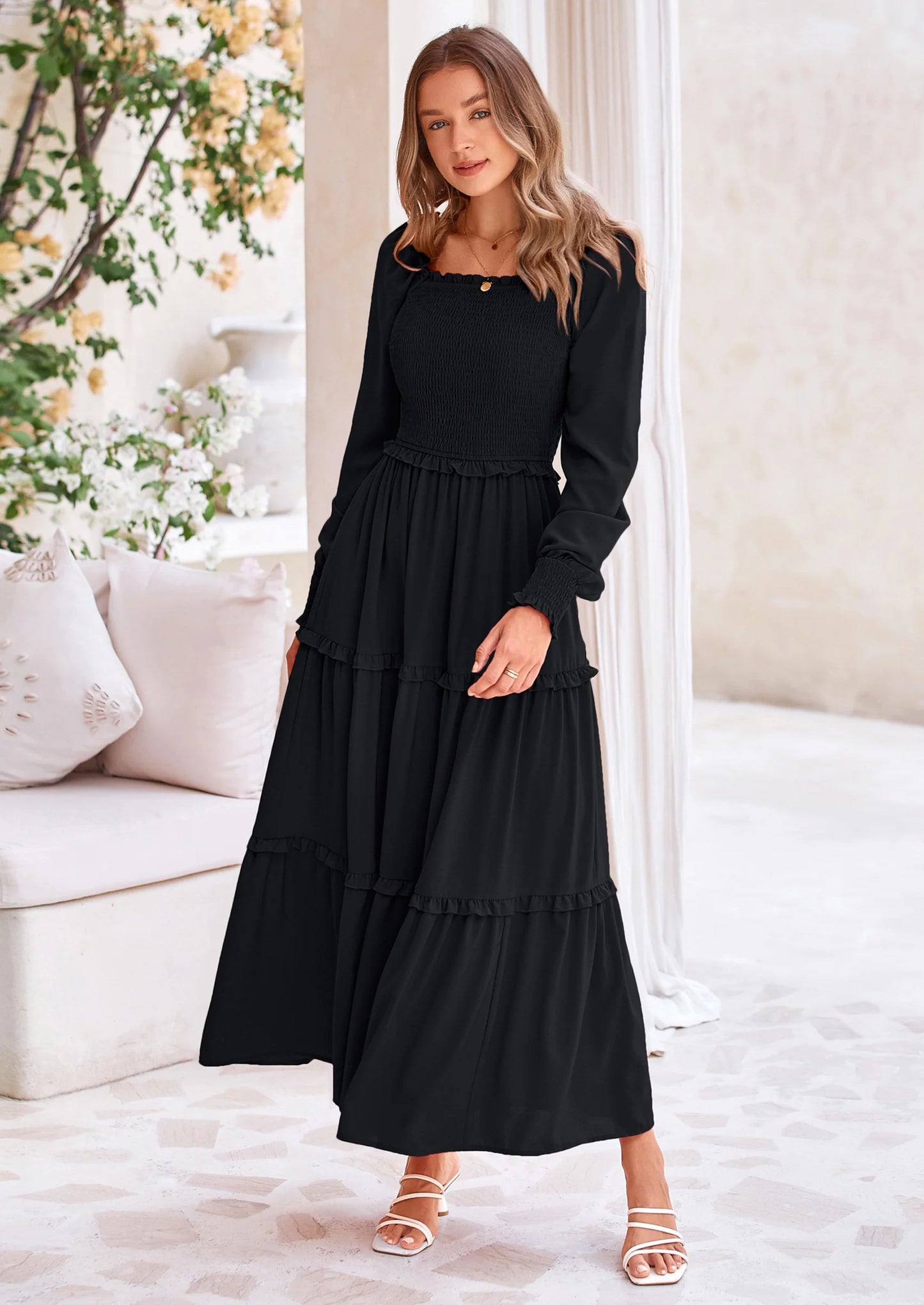 Fall Wedding Guest Dresses for Women Long Sleeve Square Neck Tiered A Line Modest Elegant Flowy Dresses
