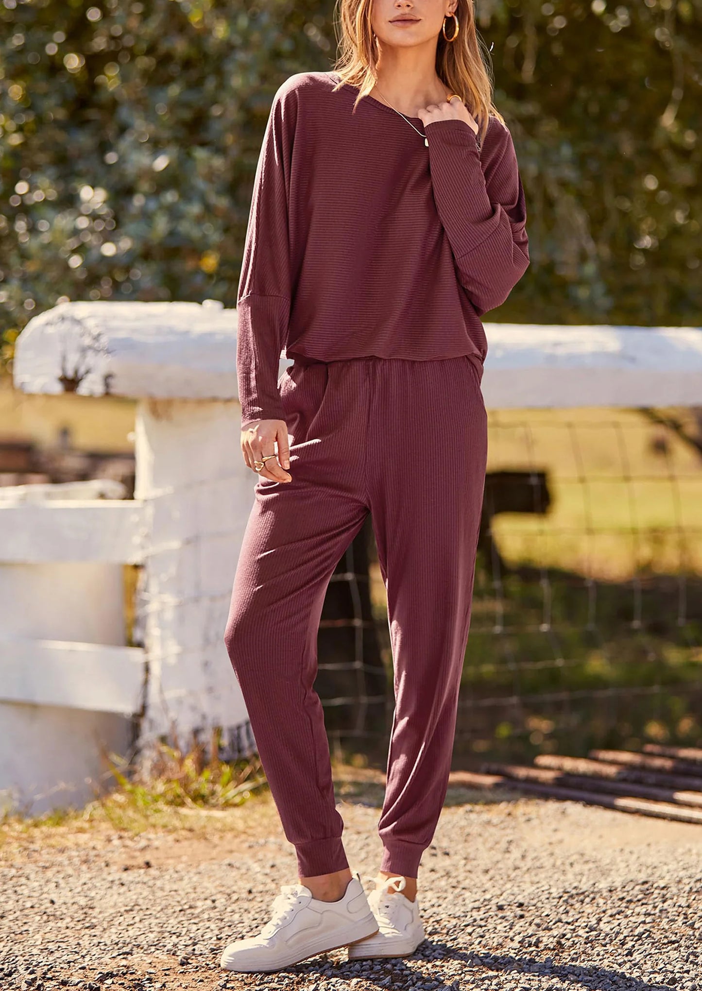 Women's Fall 2 Piece Lounge Set Long Sleeve Tops Ribbed Pants Spring Matching Sweatsuit Travel Outfits Clothes