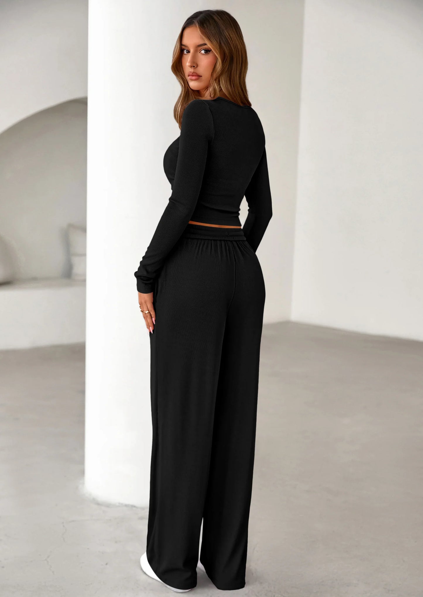 Women's Fall Trendy 2 Piece Outfits Lounge Sets Long Sleeve Top Henley Shirts Wide Leg Pants Travel Clothes