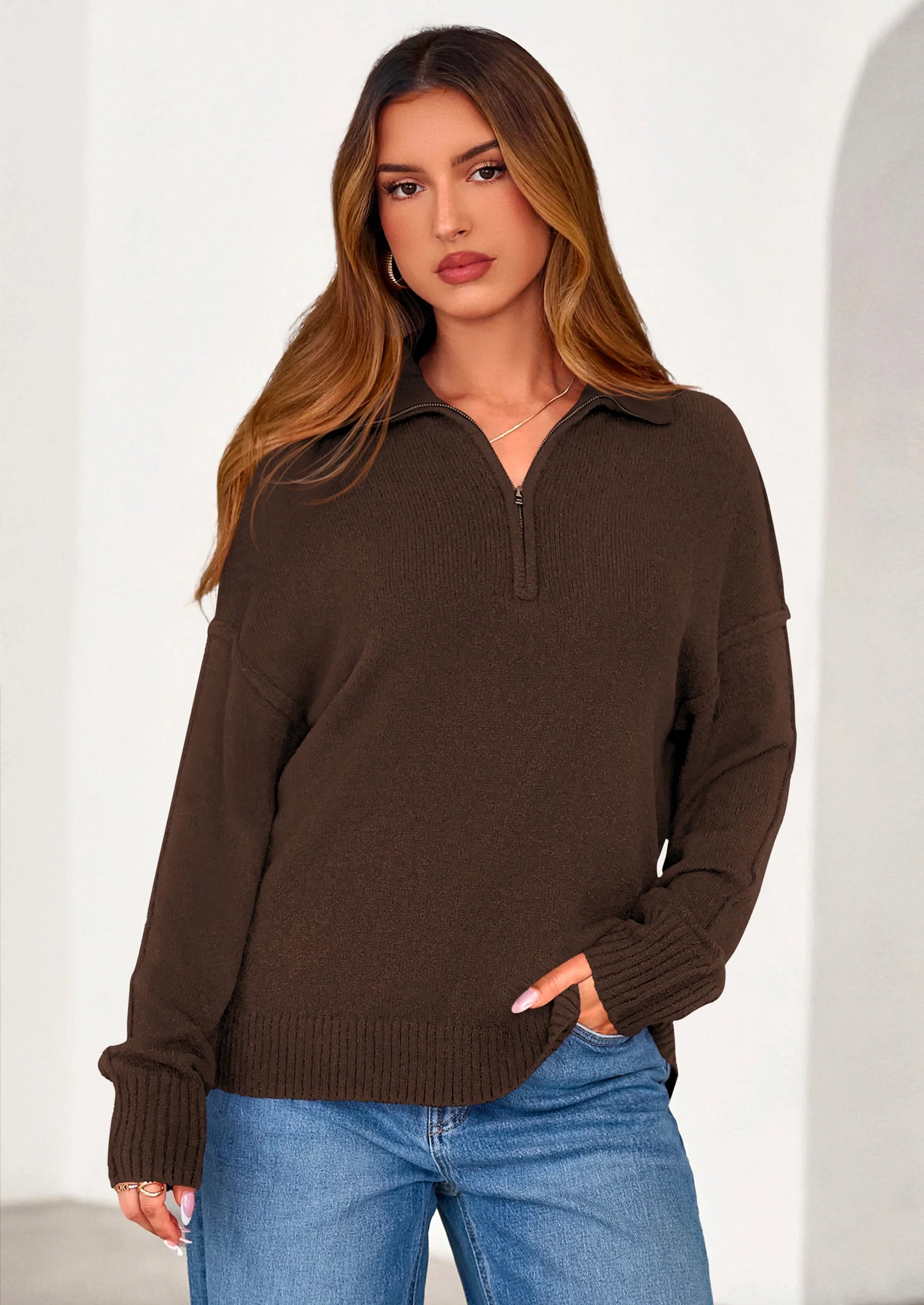 Womens Sweaters Quarter Zip Pullover Early Fall Fashion Long Sleeve V Neck Collared Knit Winter Jumper Tops