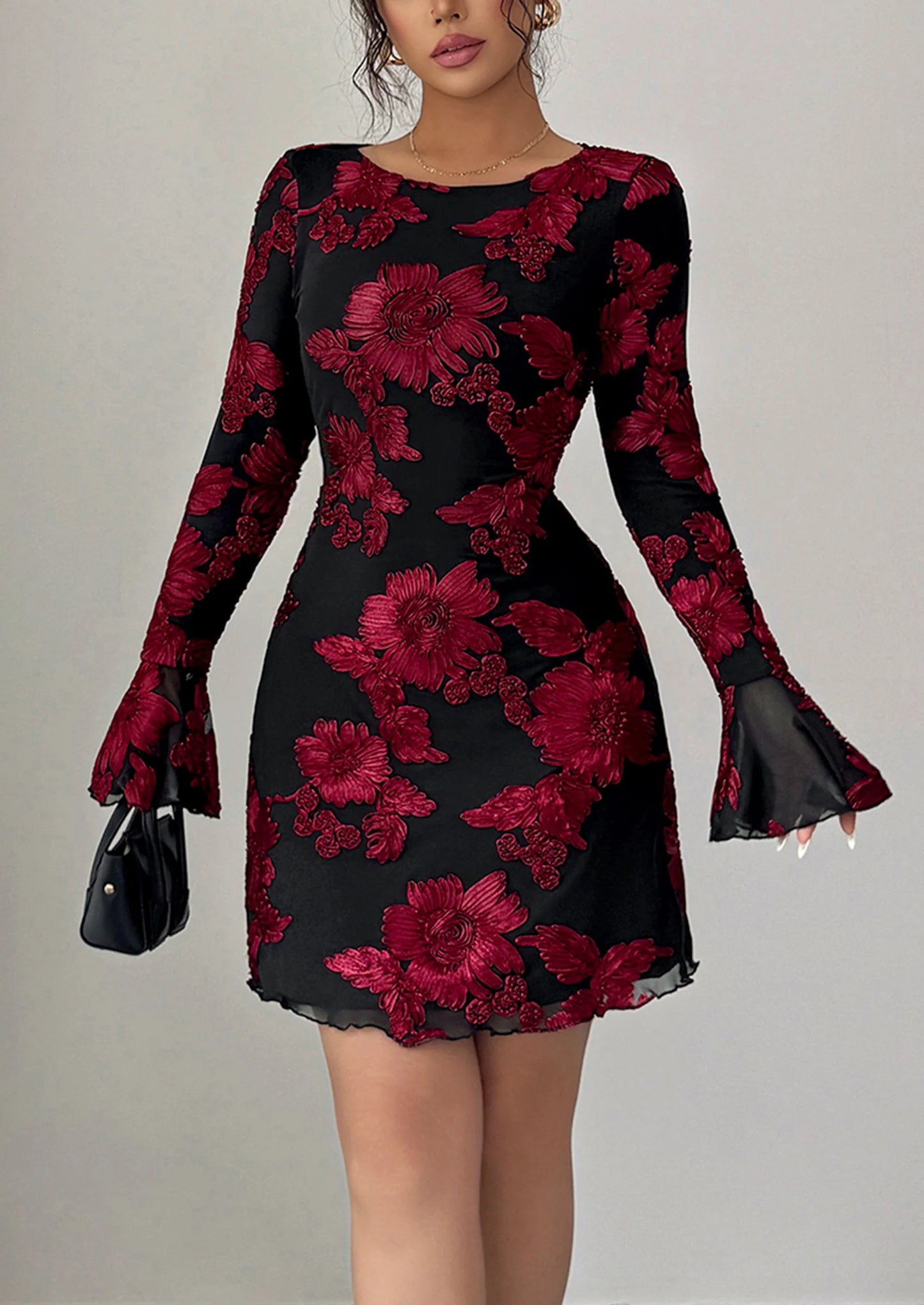 Women's Floral Embroidered Dress Fall Long Bell Sleeve Ribbon Flower Mini Short Mesh Bodycon Party Dresses