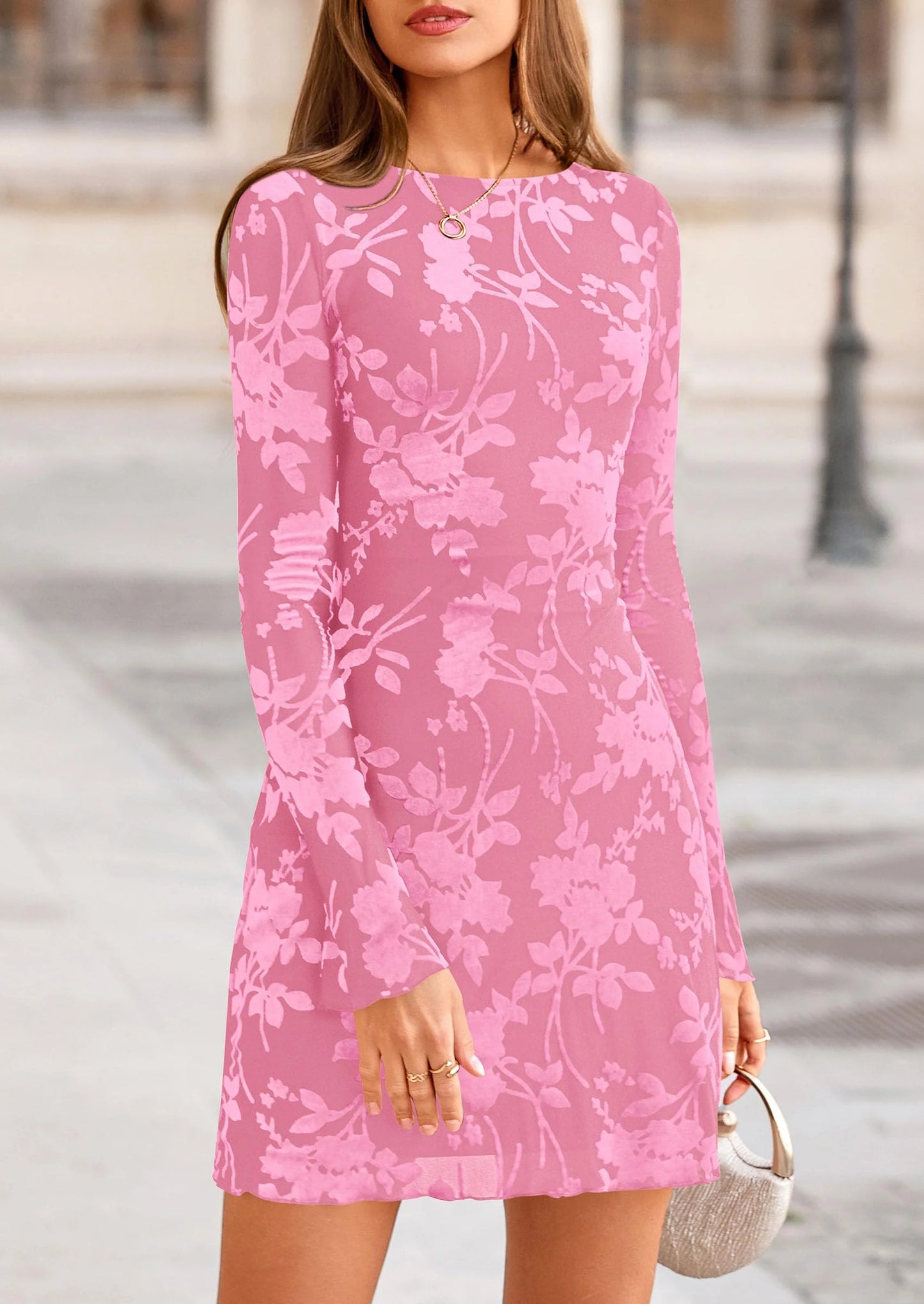 Women's Fall Fashion Floral Long Sleeve Mini Dress Mesh Bodycon Short Party Date Night Going Out Dresses
