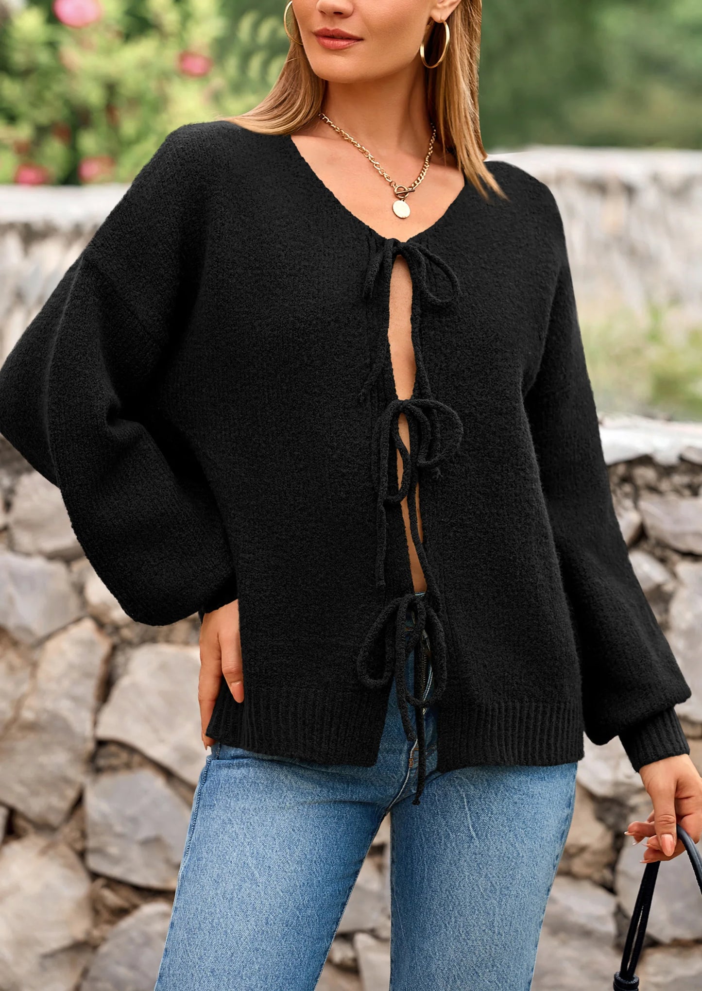 Women's Tie Front Bow Cardigan Sweaters Chunky Knit Long Puff Sleeve Trendy Fall Winter Jacket Coats