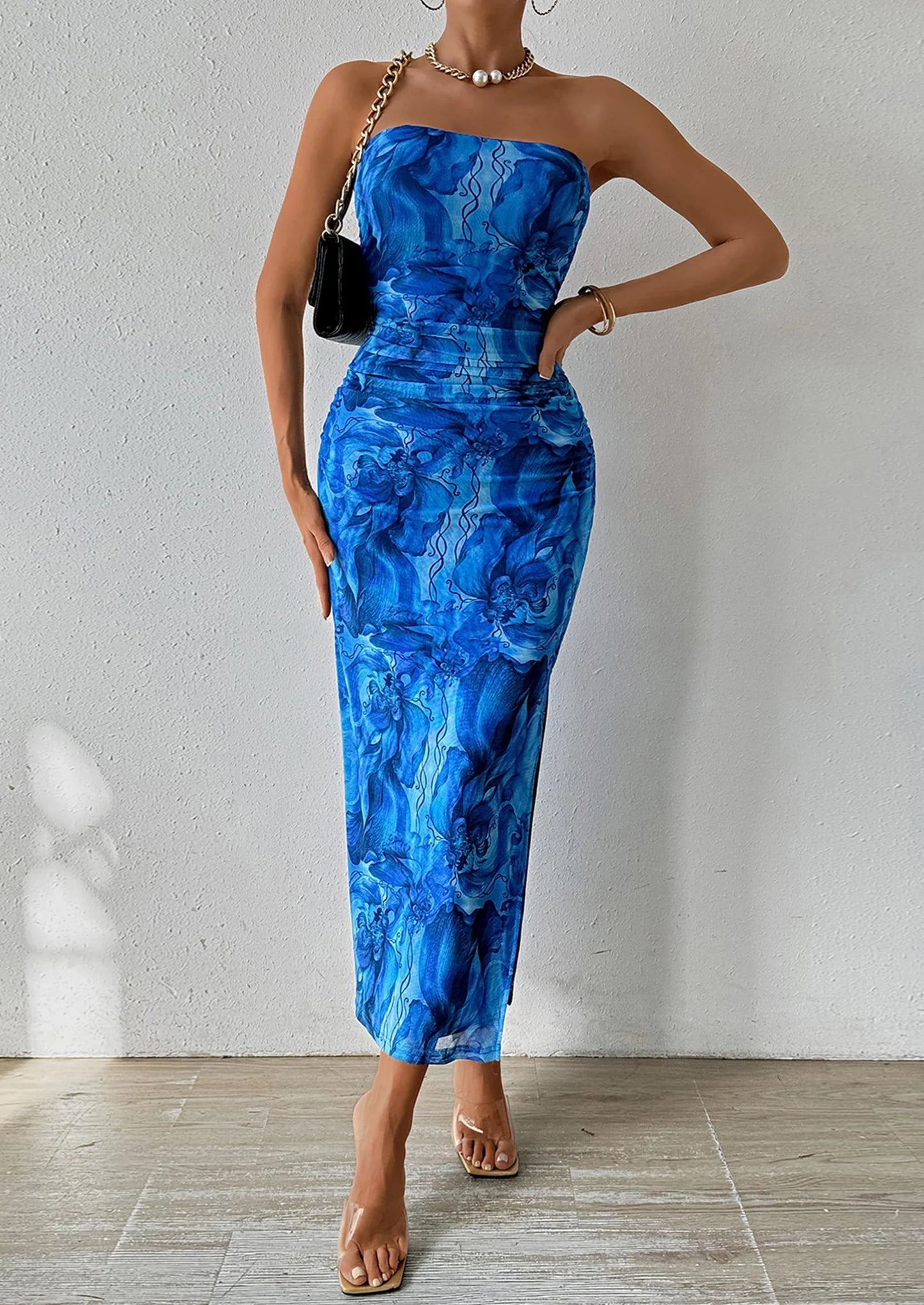 Women's Maxi Bodycon Dresses Strapless Tube Top Slit Floral Printed Party Club Long Dress