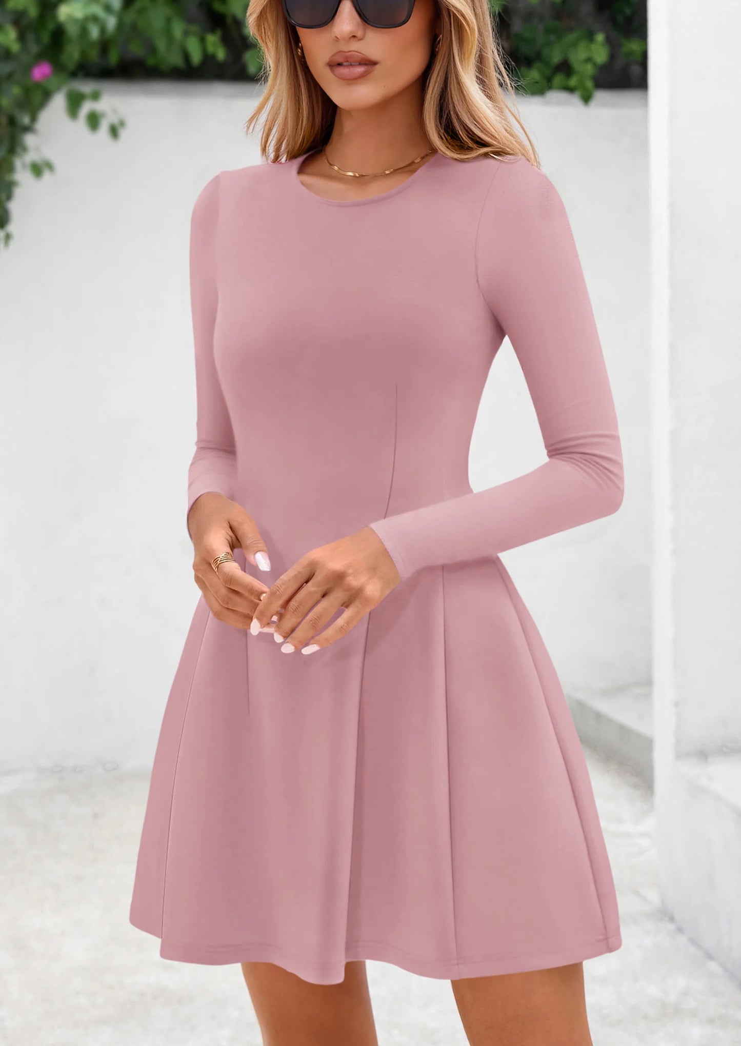 Long Sleeve Mini Dress for Women Fall Crewneck Knit Pleated Babydoll A Line Soft Casual Short Party Dresses