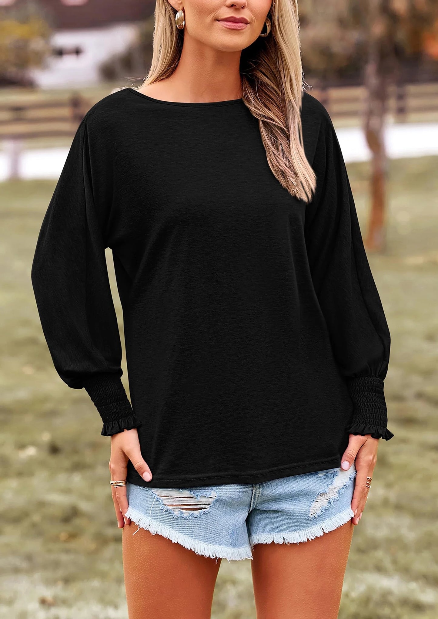 Women's Spring Fashion T Shirts Puff Long Sleeve Crewneck Casual Basic Tee Tops Blouses