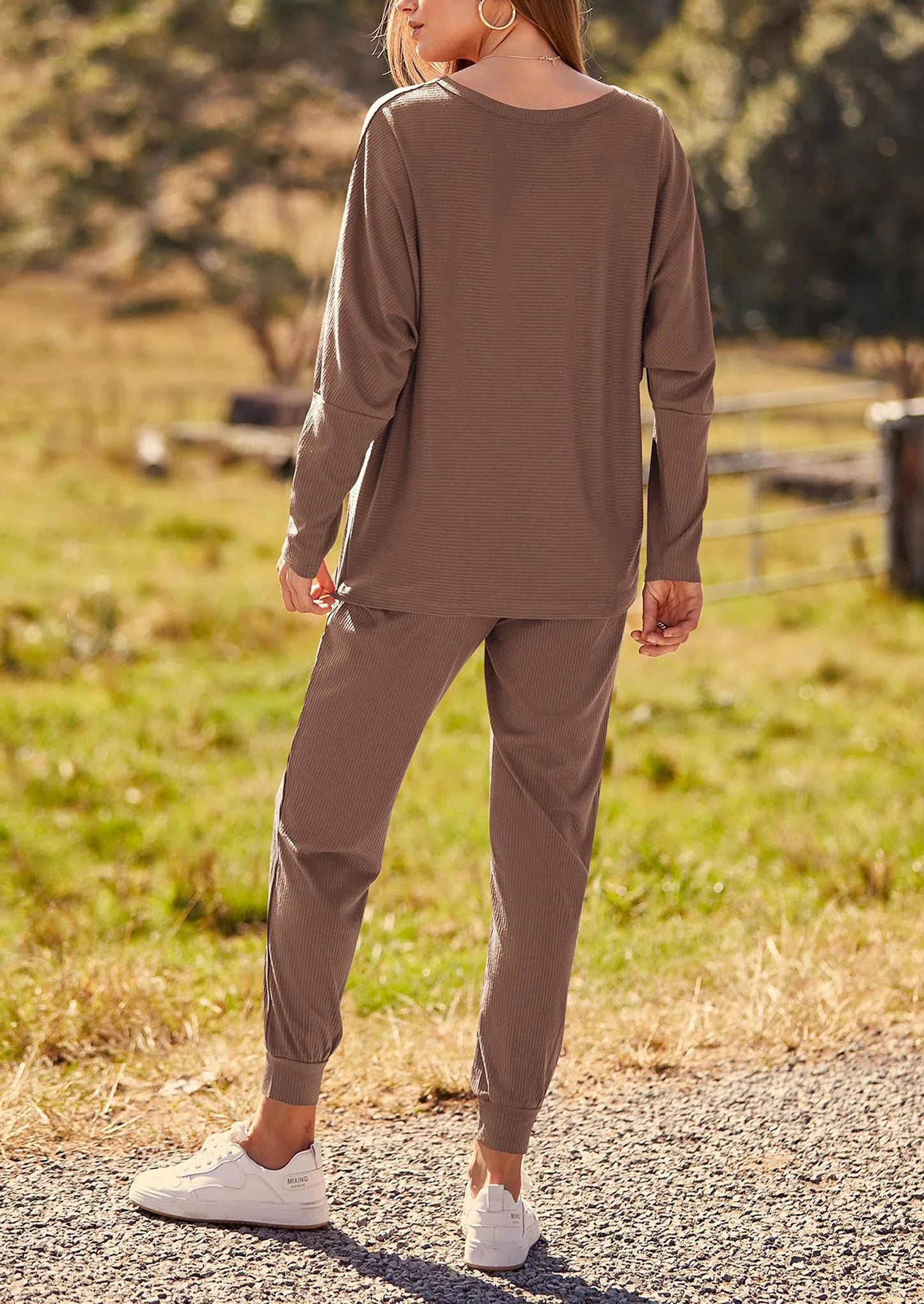 Women's Fall 2 Piece Lounge Set Long Sleeve Tops Ribbed Pants Spring Matching Sweatsuit Travel Outfits Clothes