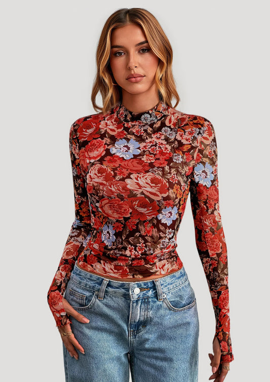 Womens Fall Mesh Floral Blouses Long Sleeve Going Out Tops Slim Fitted Shirts Date Night Outfits