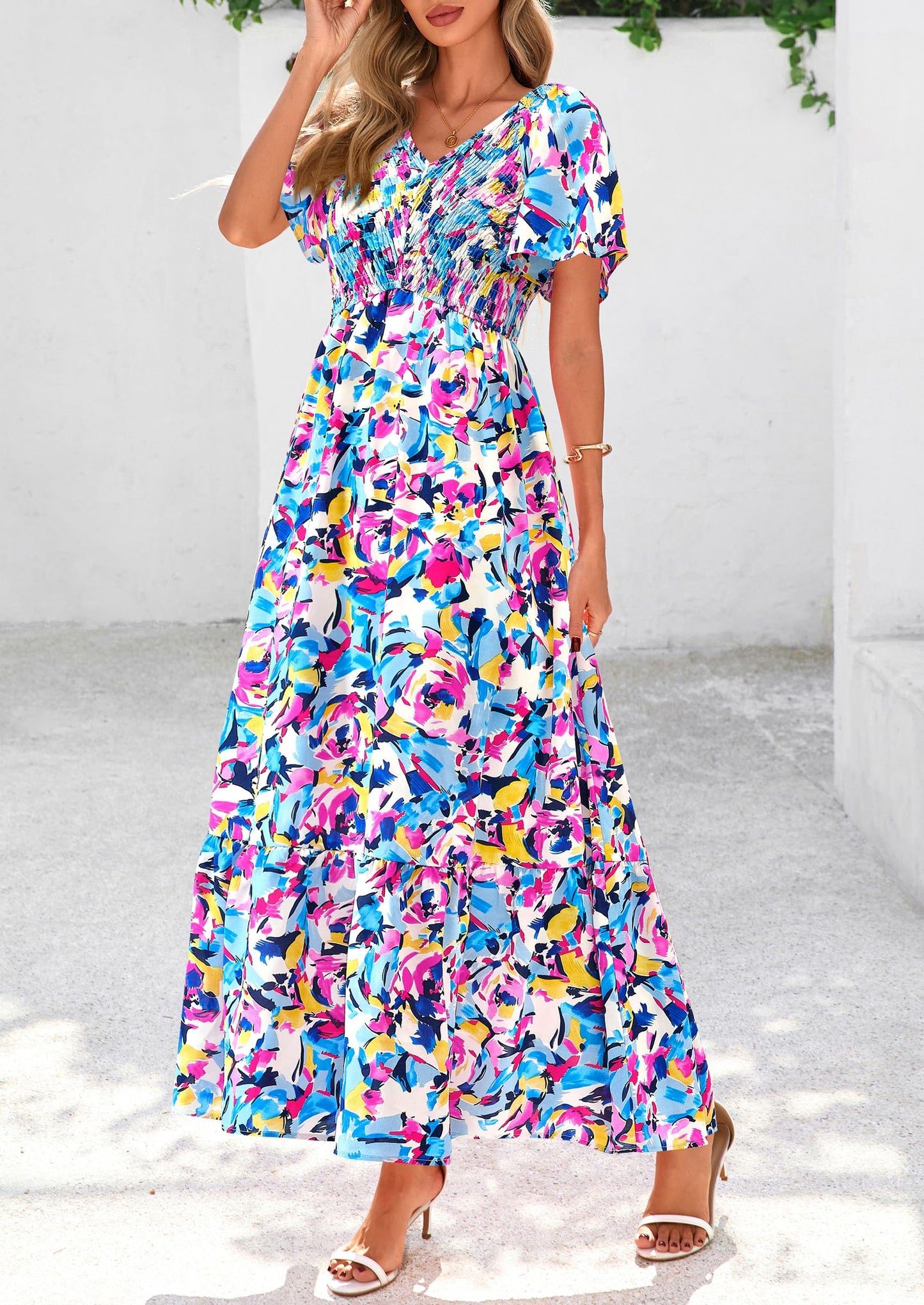 Women Floral Boho Maxi Dresses Short Sleeve V Neck Smocked A Line Long Flowy Beach Vacation Dress
