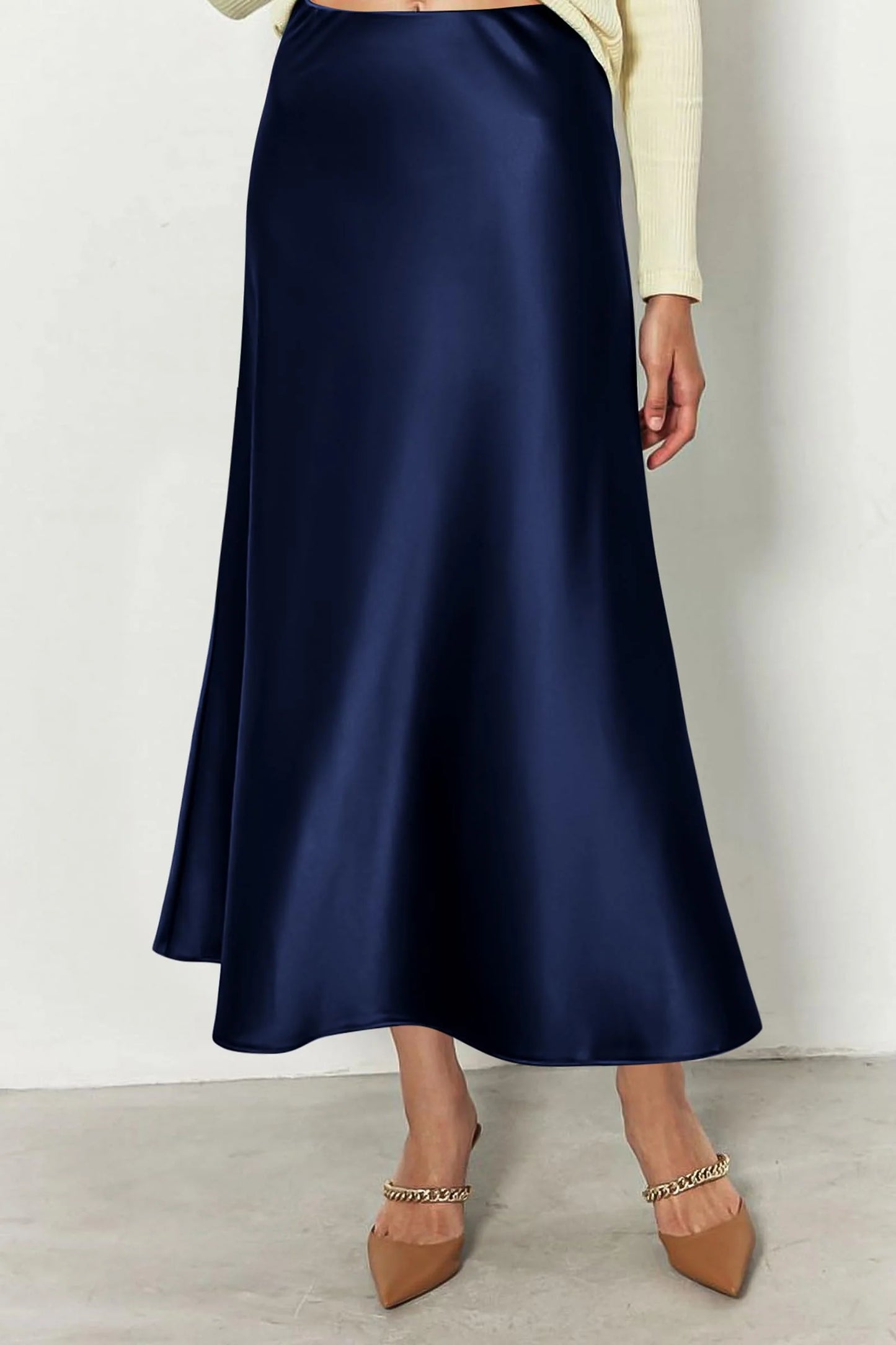 Women's Satin Skirts Dressy Casual Fall High Waisted Cocktail Wedding Flowy Elegant A Line Midi Skirt