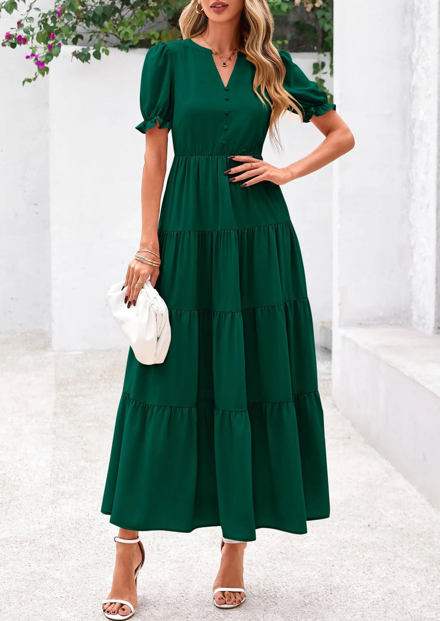 Women's Casual Short Sleeve V Neck Midi Dresses Spring A-line Tiered Wedding Guest Dress