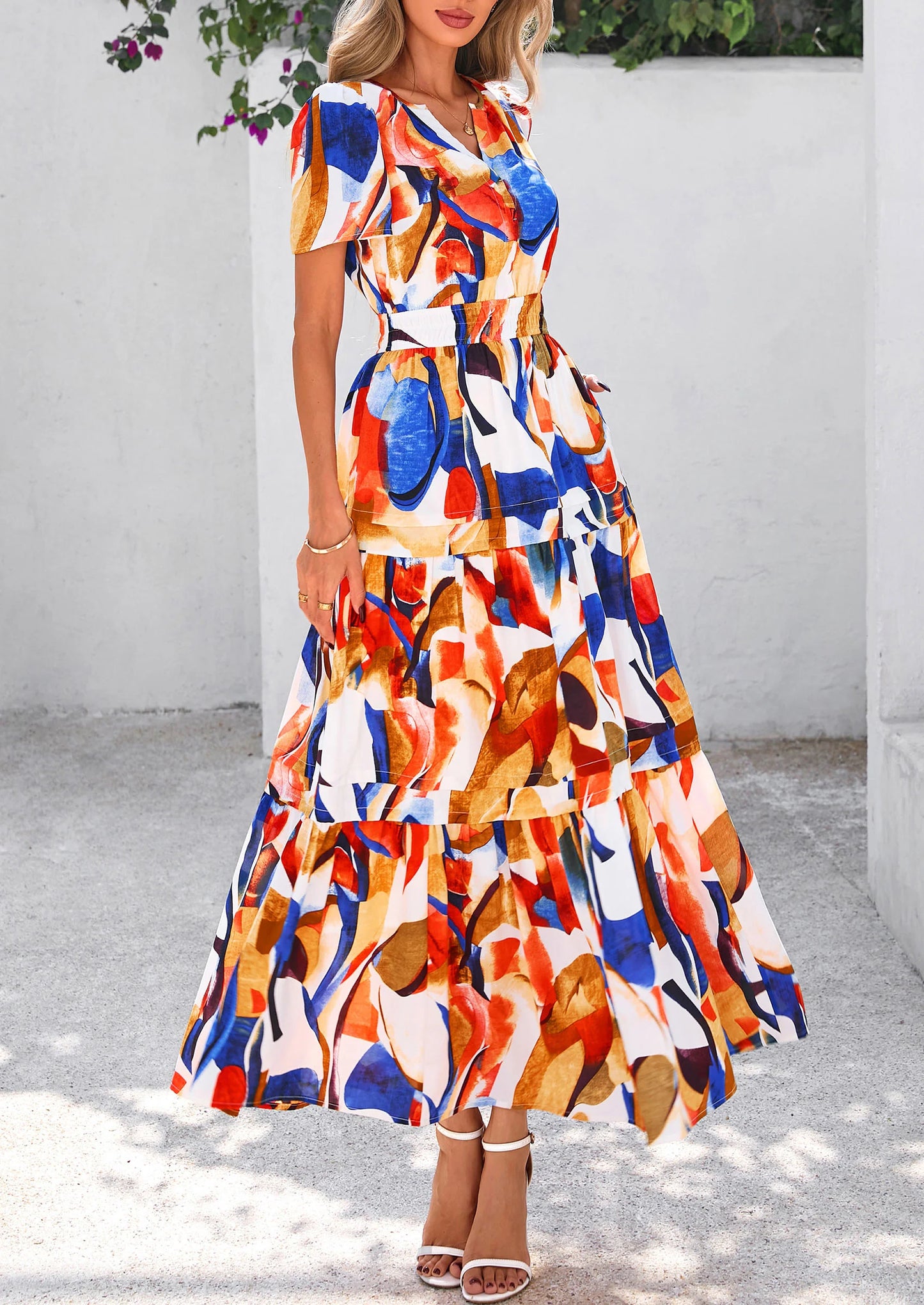 Women's Boho Maxi Dresses Floral Short Sleeve V Neck A Line Tiered Flowy Long Beach Vacation Dress