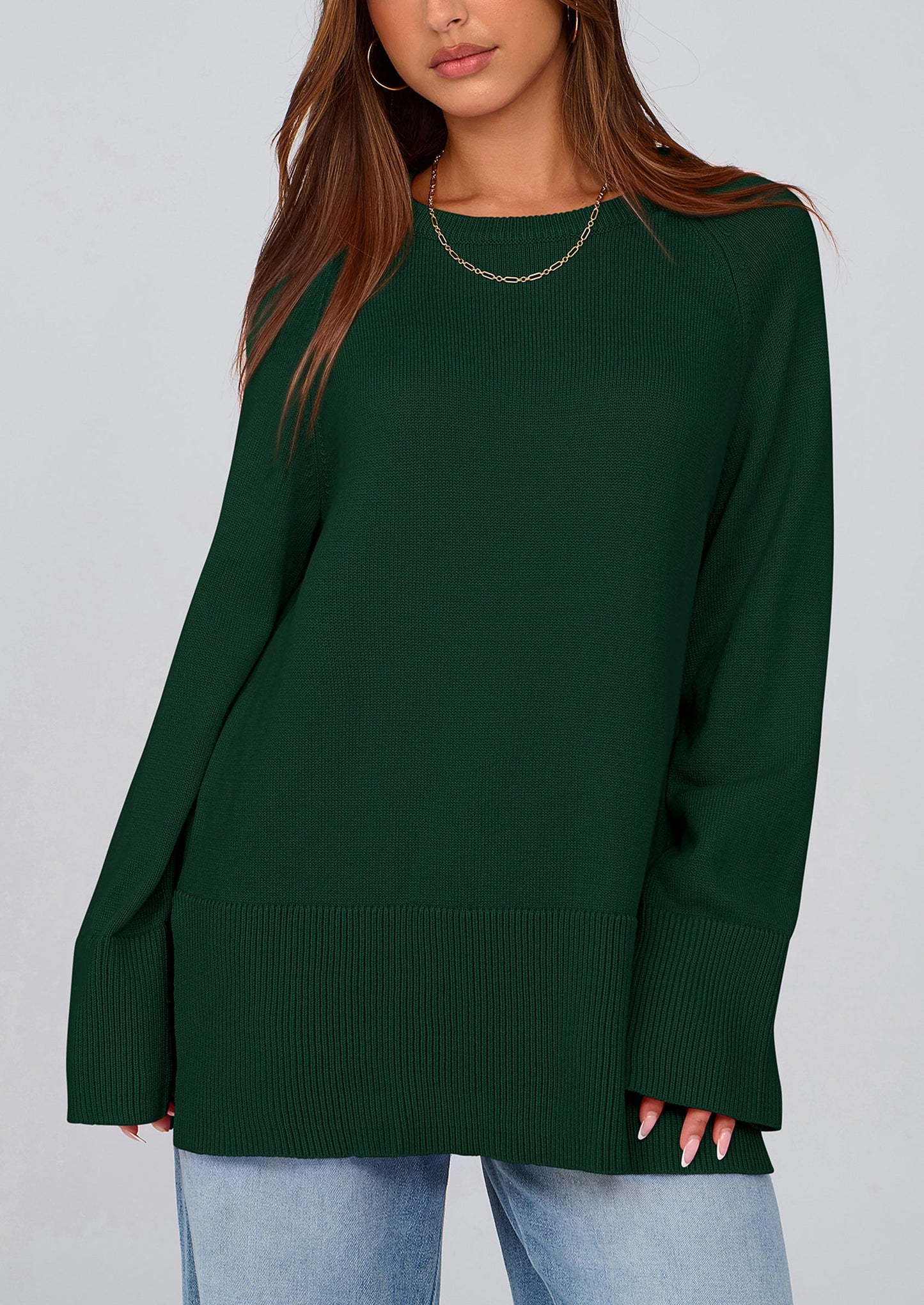 Women's Knit Fall Sweaters Long Sleeve Pullover Crewneck Split Hem Oversized Tunic Sweater Tops Winter Clothing