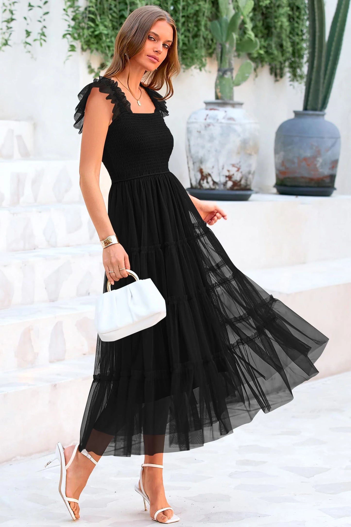 Women's Tulle Midi Dress Sleeveless Smocked Ruffle Mesh Flowy Dresses Party Wedding Guest Sundress