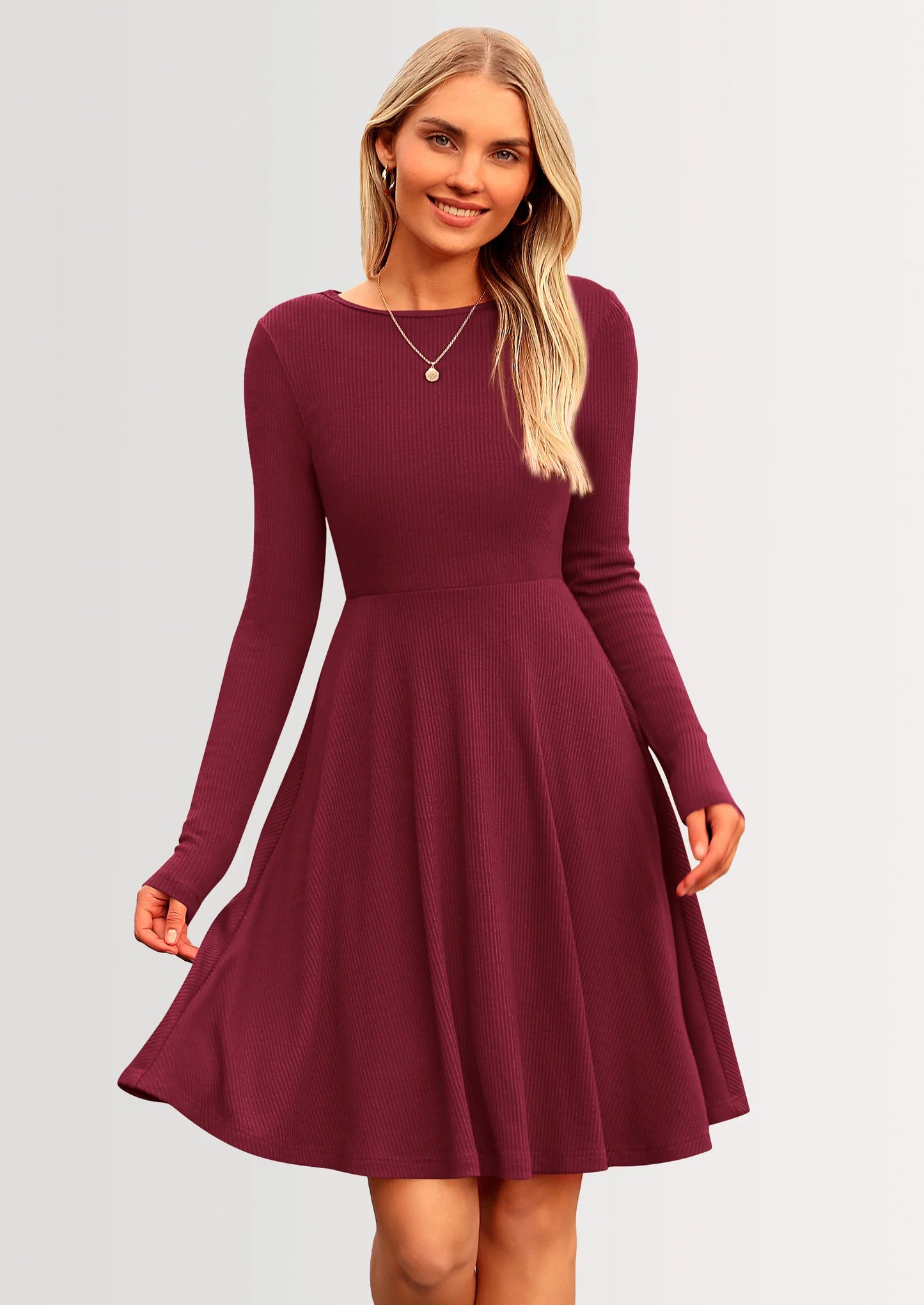 Women's Spring Fall Short Dress Ribbed Knit Crewneck Long Sleeve A Line Flowy Casual Elegant Going Out Dresses