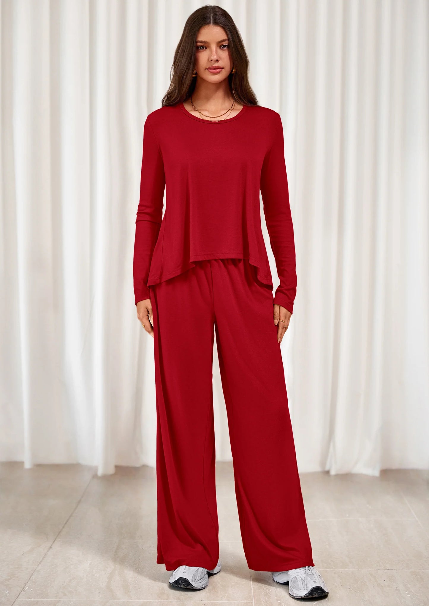 Women's 2 Piece Fall Sets  Casual Long Sleeve Shirts Wide Leg Pants Lounge Travel Outfits Fashion Clothing