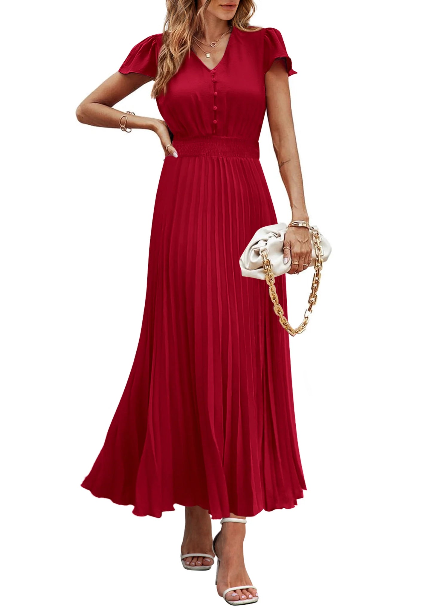 Women's Maxi Dresses Summer Trendy Cap Short Sleeve Button V Neck Casual Flowy Pleated Long Dress