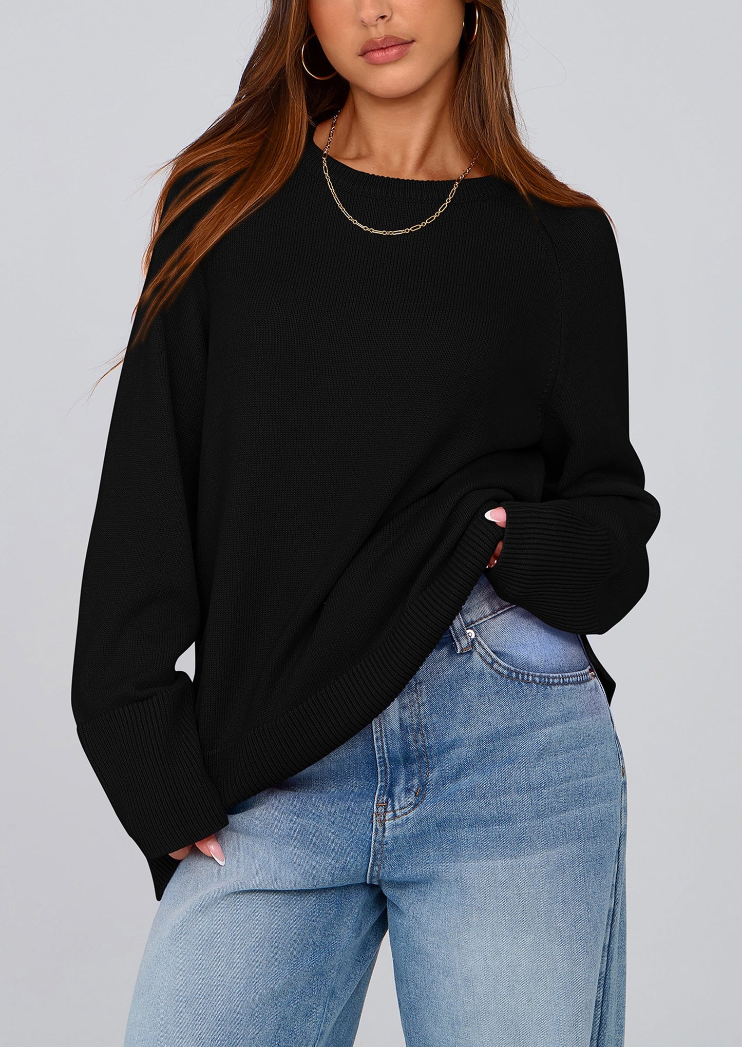 Women's Knit Fall Sweaters Long Sleeve Pullover Crewneck Split Hem Oversized Tunic Sweater Tops Winter Clothing