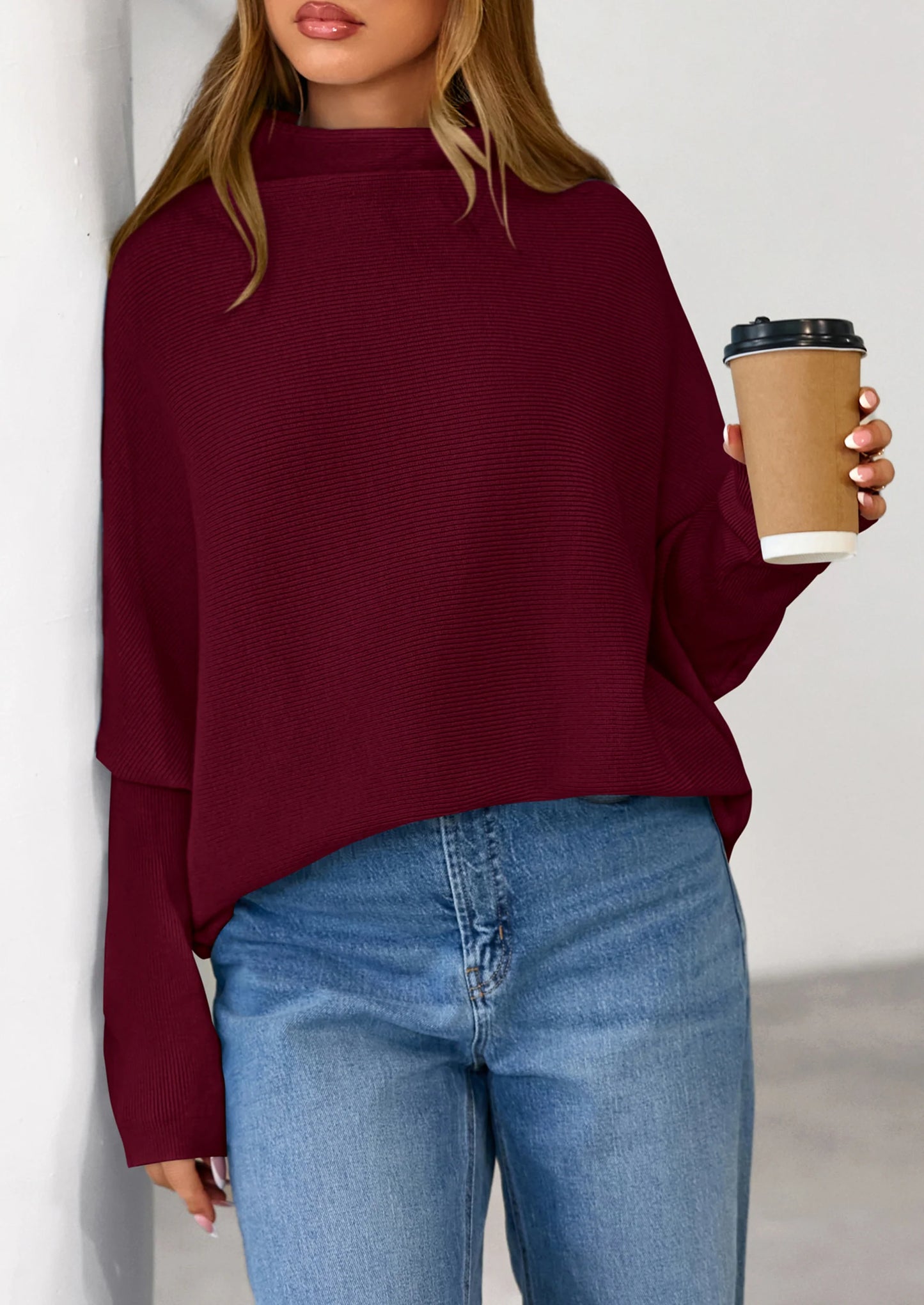 Womens Sweaters Fall Fashion Casual Loose Turtleneck Batwing Long Sleeve Knit Sweater Pullover Tops