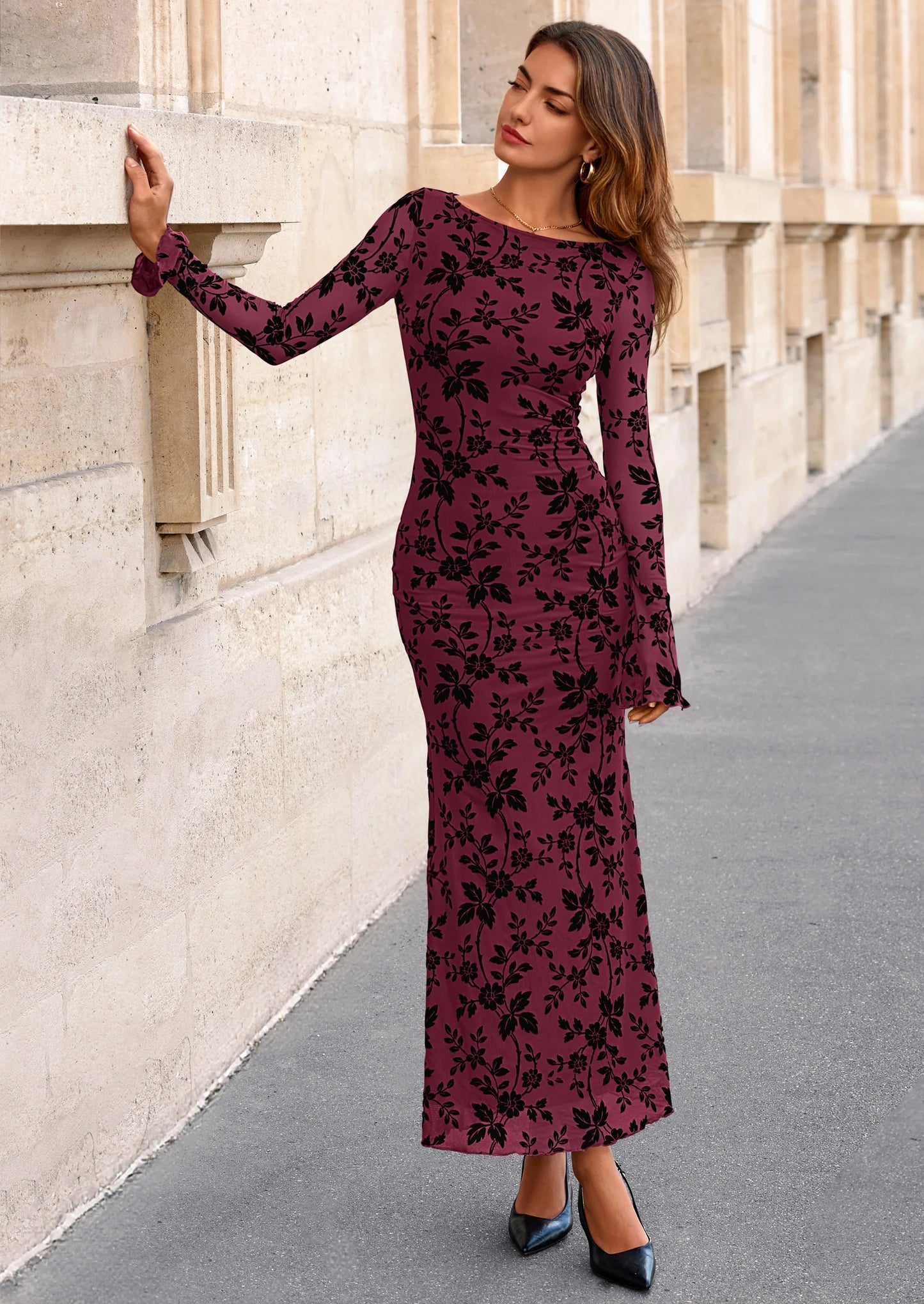 Women's Floral Bodycon Maxi Dress Fall Elegant Mesh Long Sleeve Formal Wedding Guest Cocktail Dresses