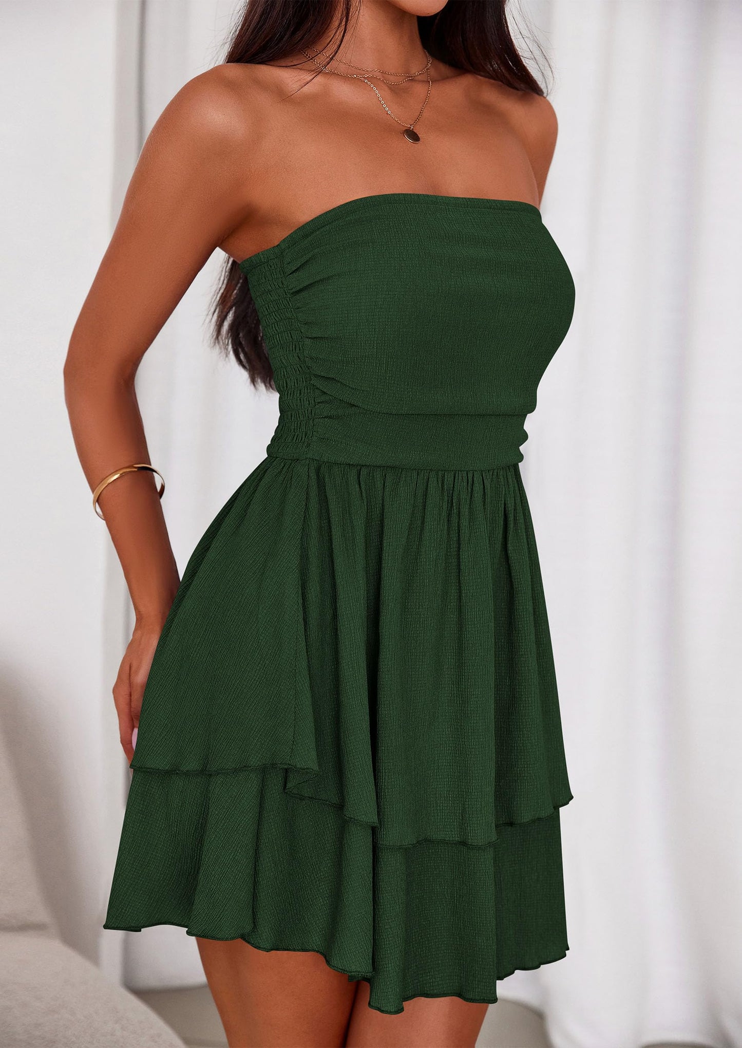Women's Summer Strapless Tube Mini Dress Off Shoulder Smocked Ruffle A Line Flowy Short Party Club Dresses