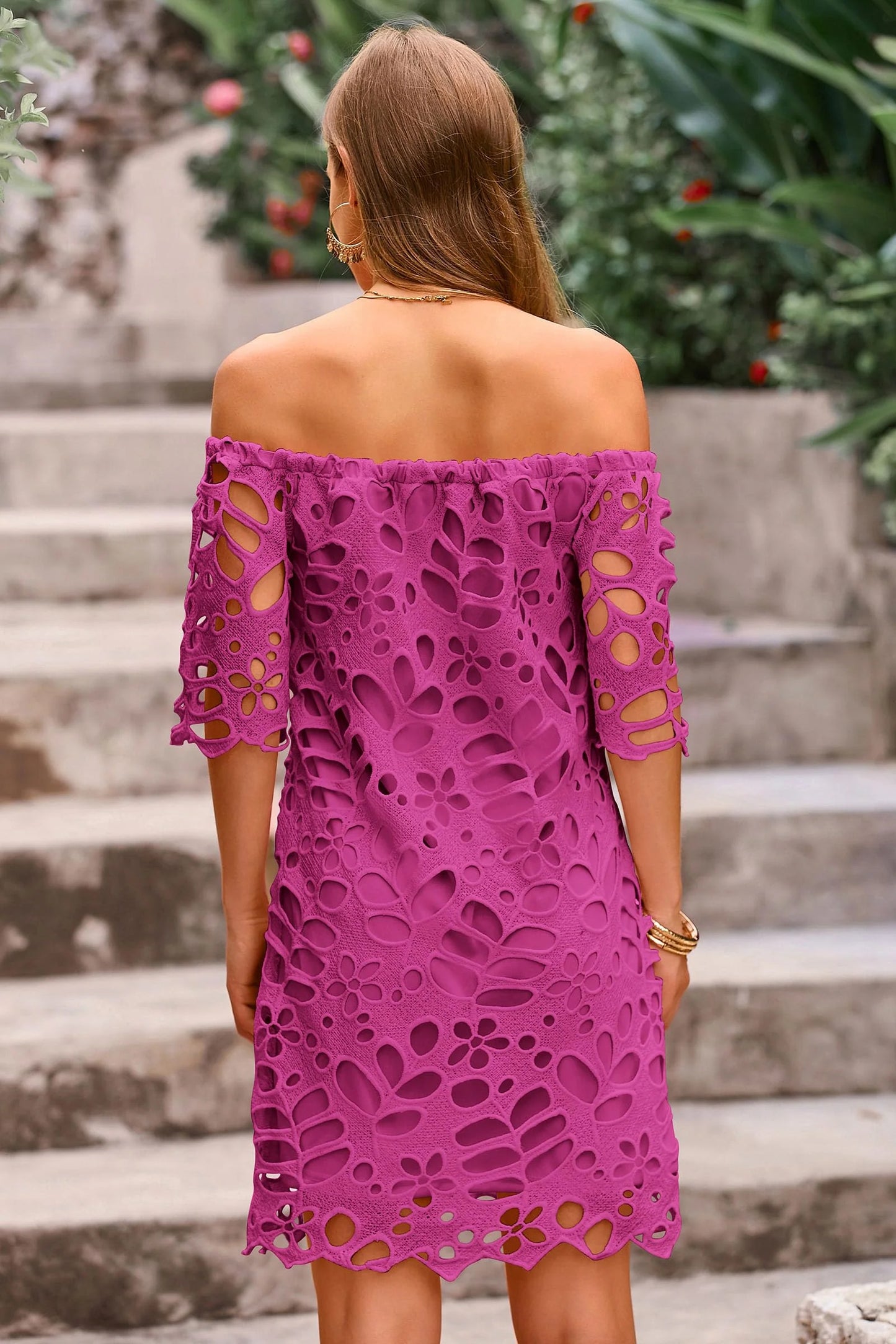 Women's Summer Off Shoulder Dresses Floral Lace Flare Short Sleeve Spring Vintage Elegant Mini Dress