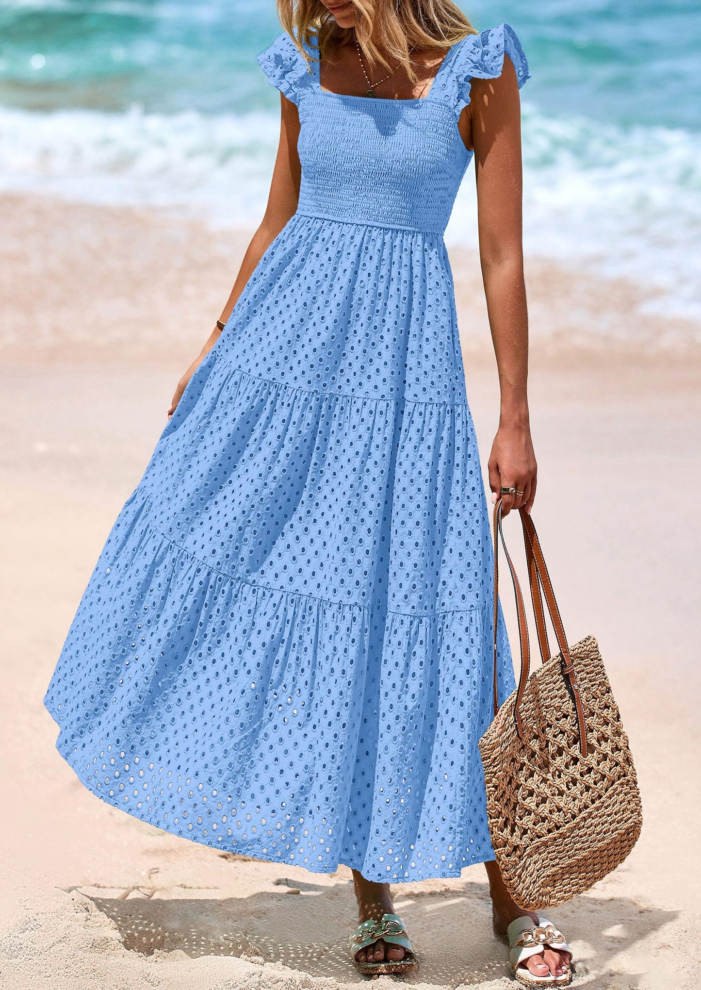 Womens Square Neck Maxi Dresses Cap Sleeve Eyelet Smocked Tiered A Line Flowy Long Dress with Pockets