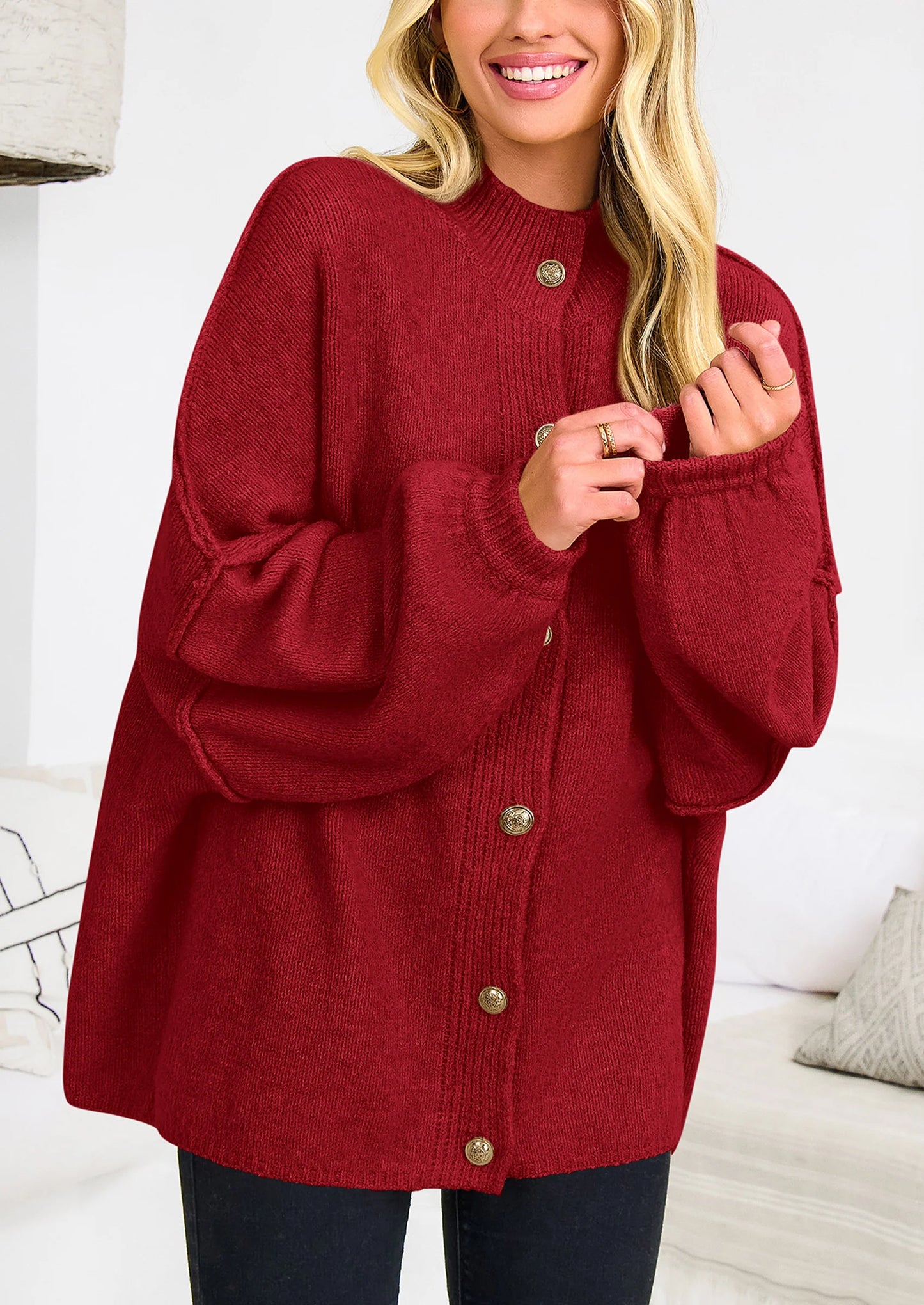 Women's Winter Button Down Cardigan Sweaters Mock Neck Lantern Long Sleeve Chunky Knit Jacket Trendy Outerwear