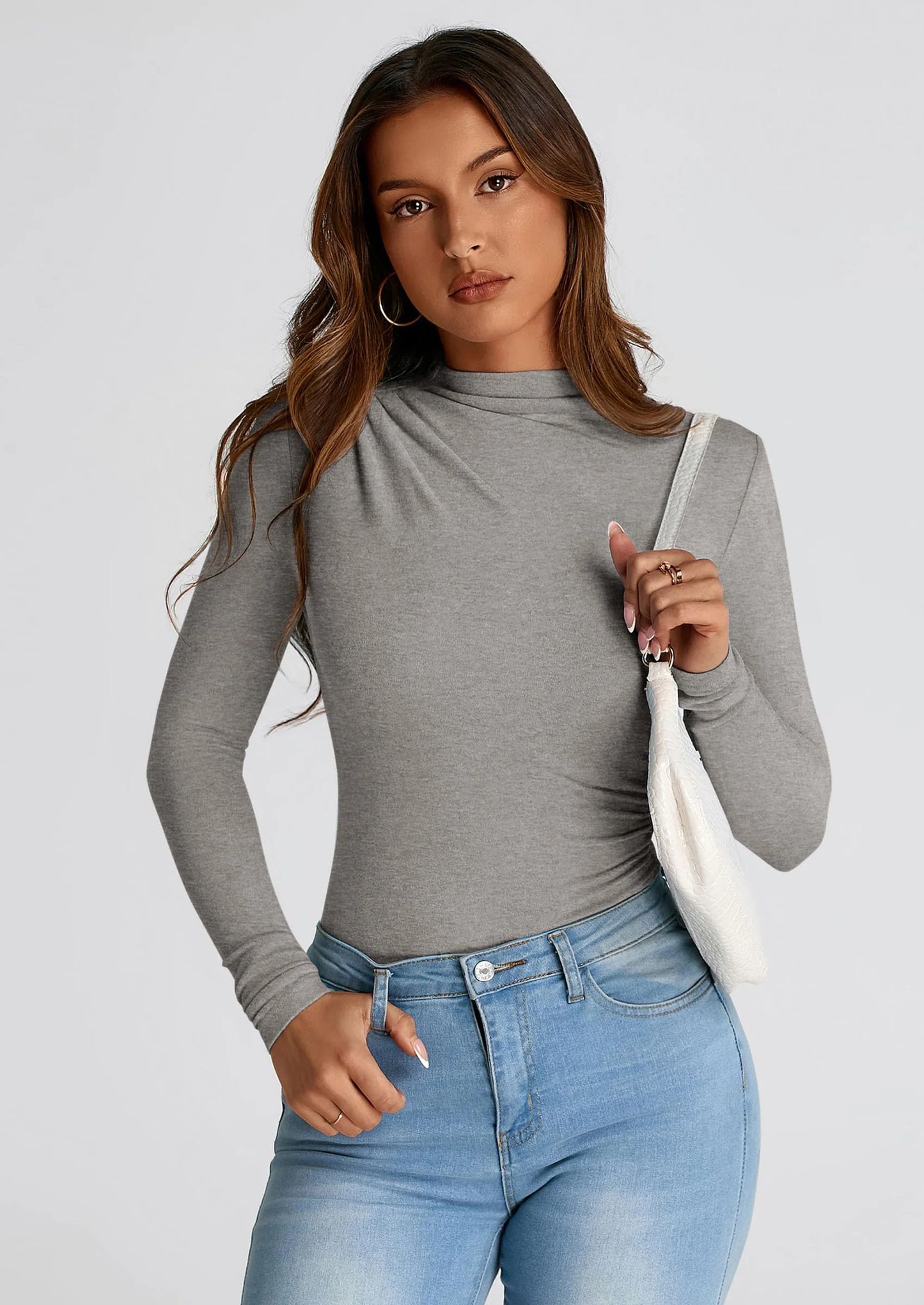 Womens Fall Y2K Going Out Crop Tops Long Sleeve Mock Neck Ruched Slim Fitted Basic Trendy Casual T Shirts Blouse