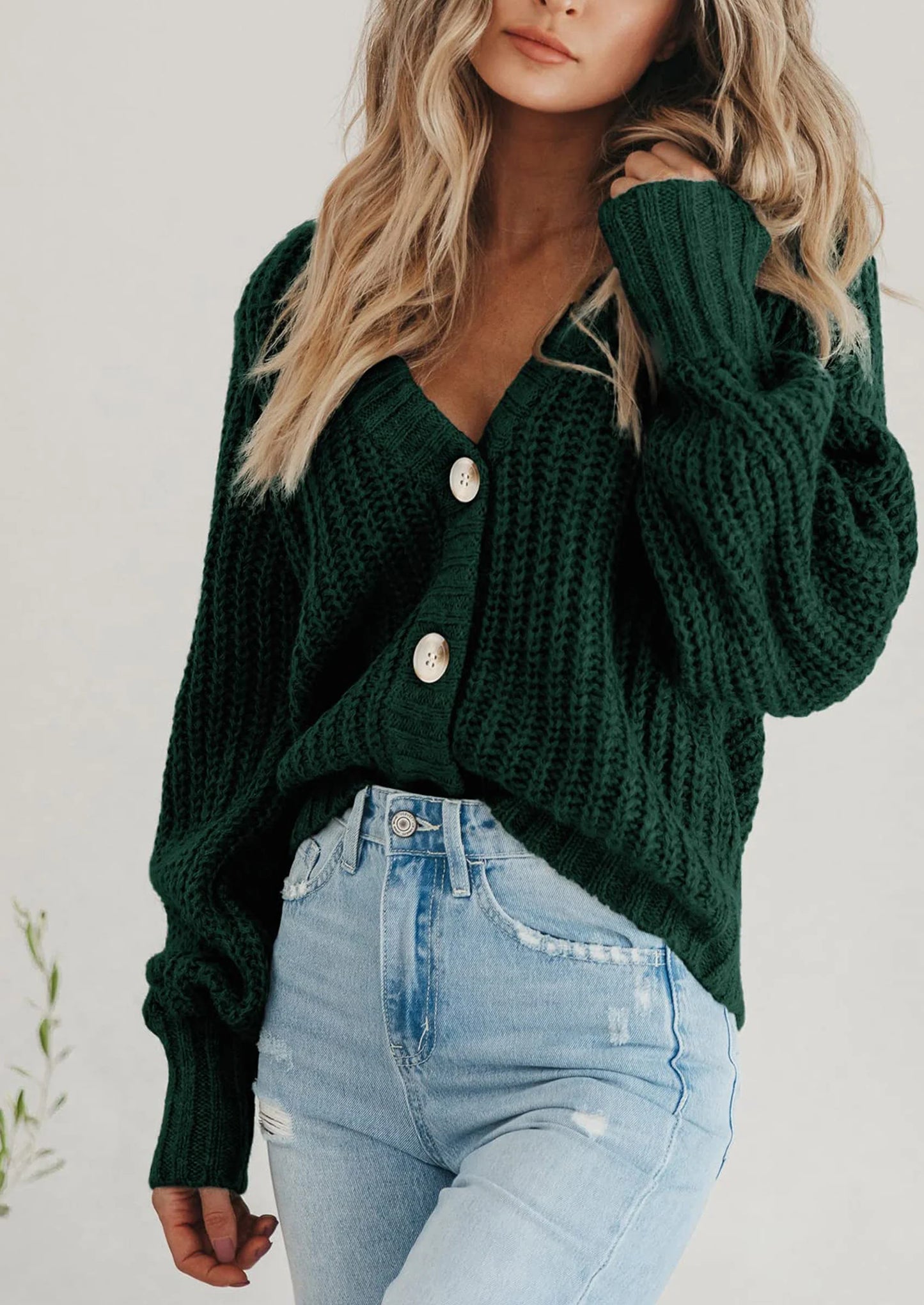 Women's Chunky Knit Open Front Sweater Long Sleeve Button Loose Short Cardigan Outerwear Coats