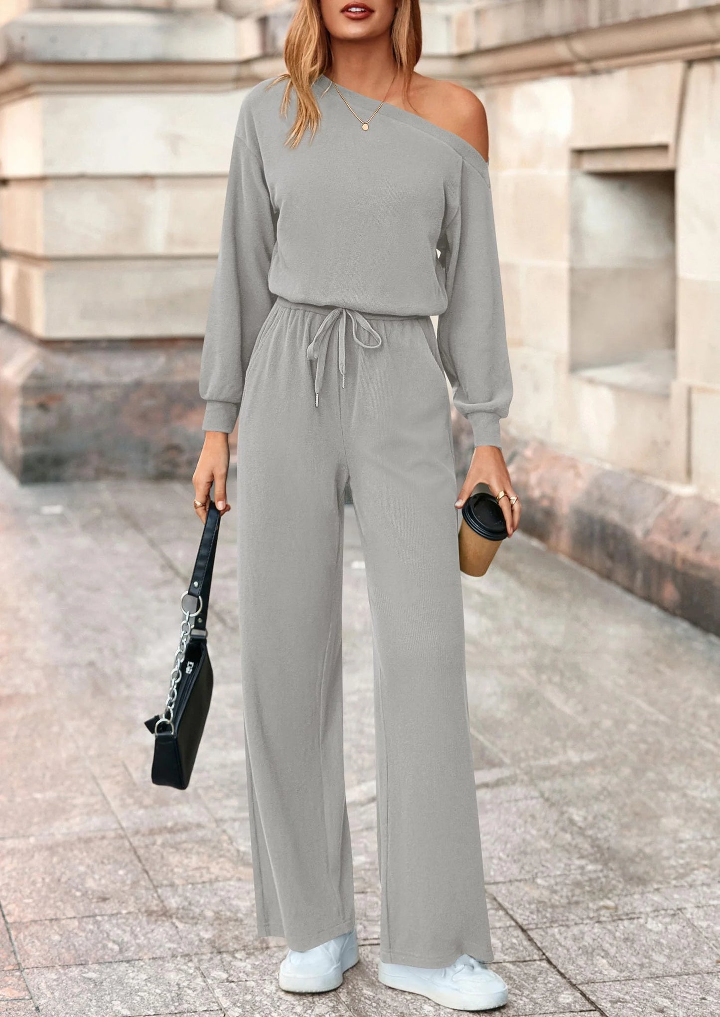 Long Sleeve Jumpsuit For Women Dressy Off Shoulder One Piece Loose Wide Leg Jumpsuits Casual Flowy Romper