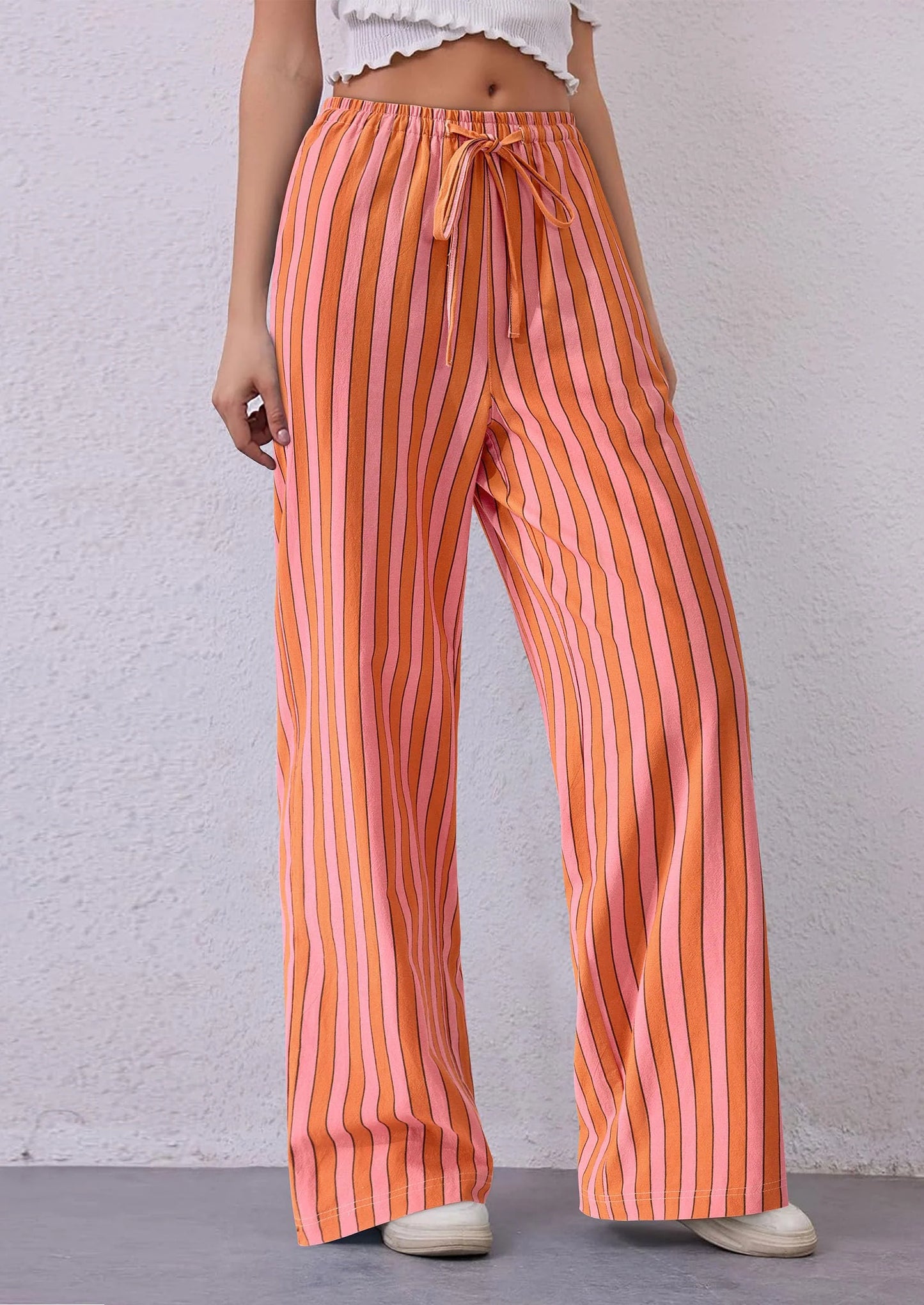 Women's Summer Striped Wide Leg Lounge Pants Trendy Clothes Drawstring Elastic Waist Comfy Pajama Bottoms