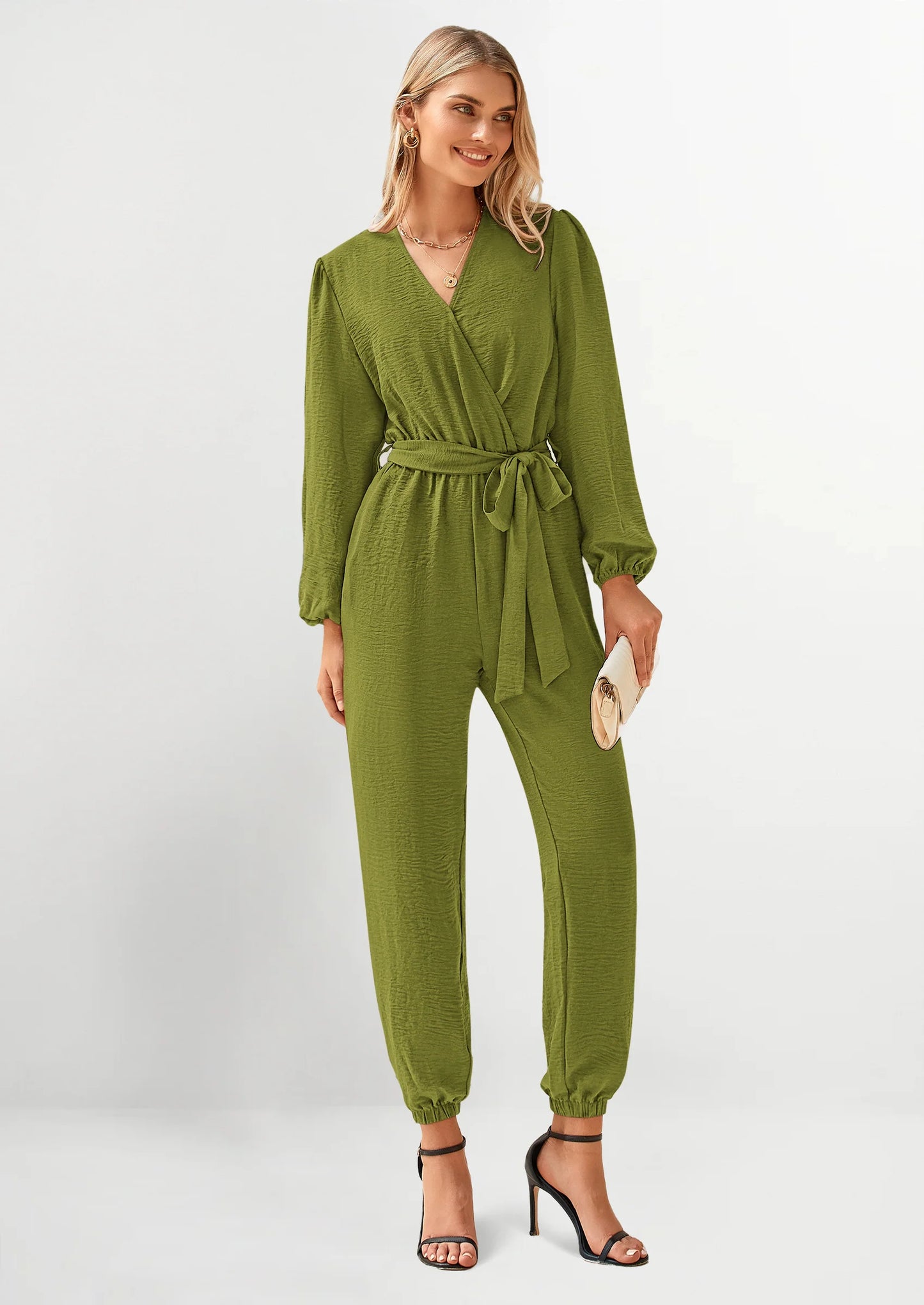 Women's Fall Jumpsuits Dressy Casual Pants Romper Spring Long Sleeve V Neck Belt Pockets One Piece Outfits